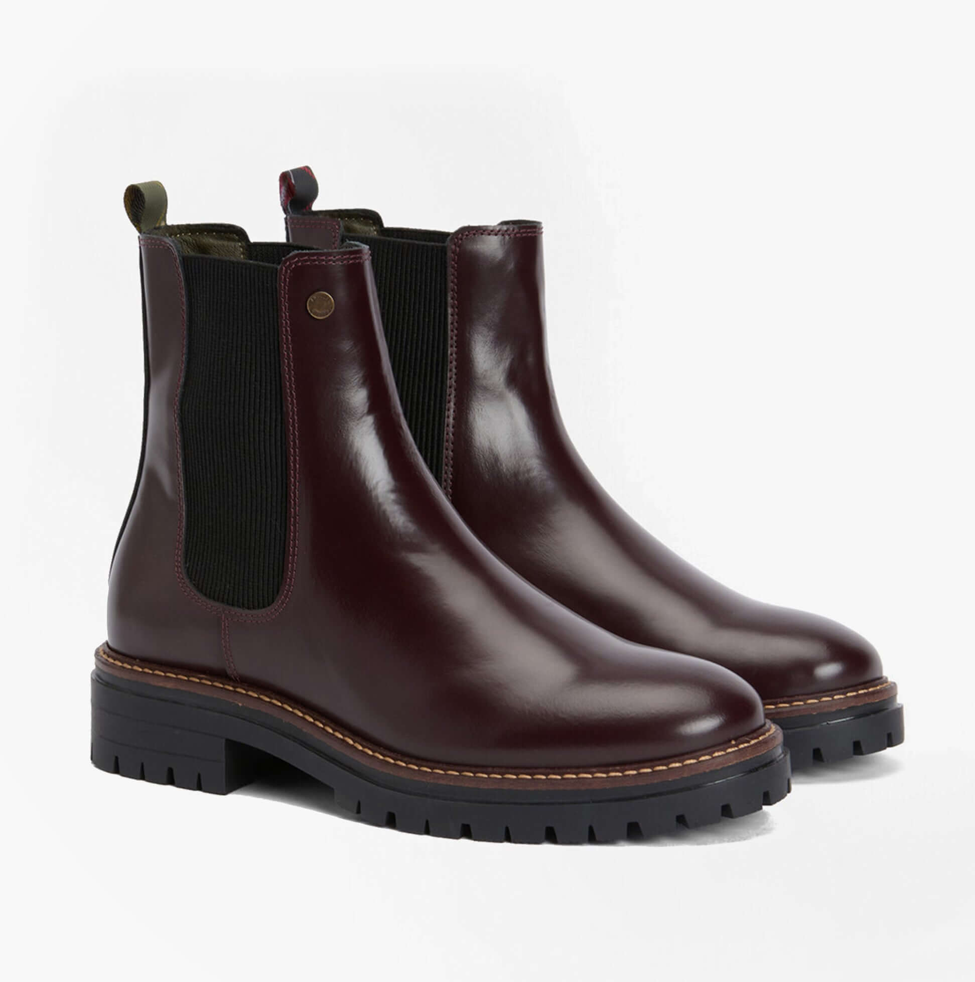 Barbour MARLA Womens Chelsea Boots Cherry Glace side view showing glossy cherry leather, elastic panels, and durable sole.