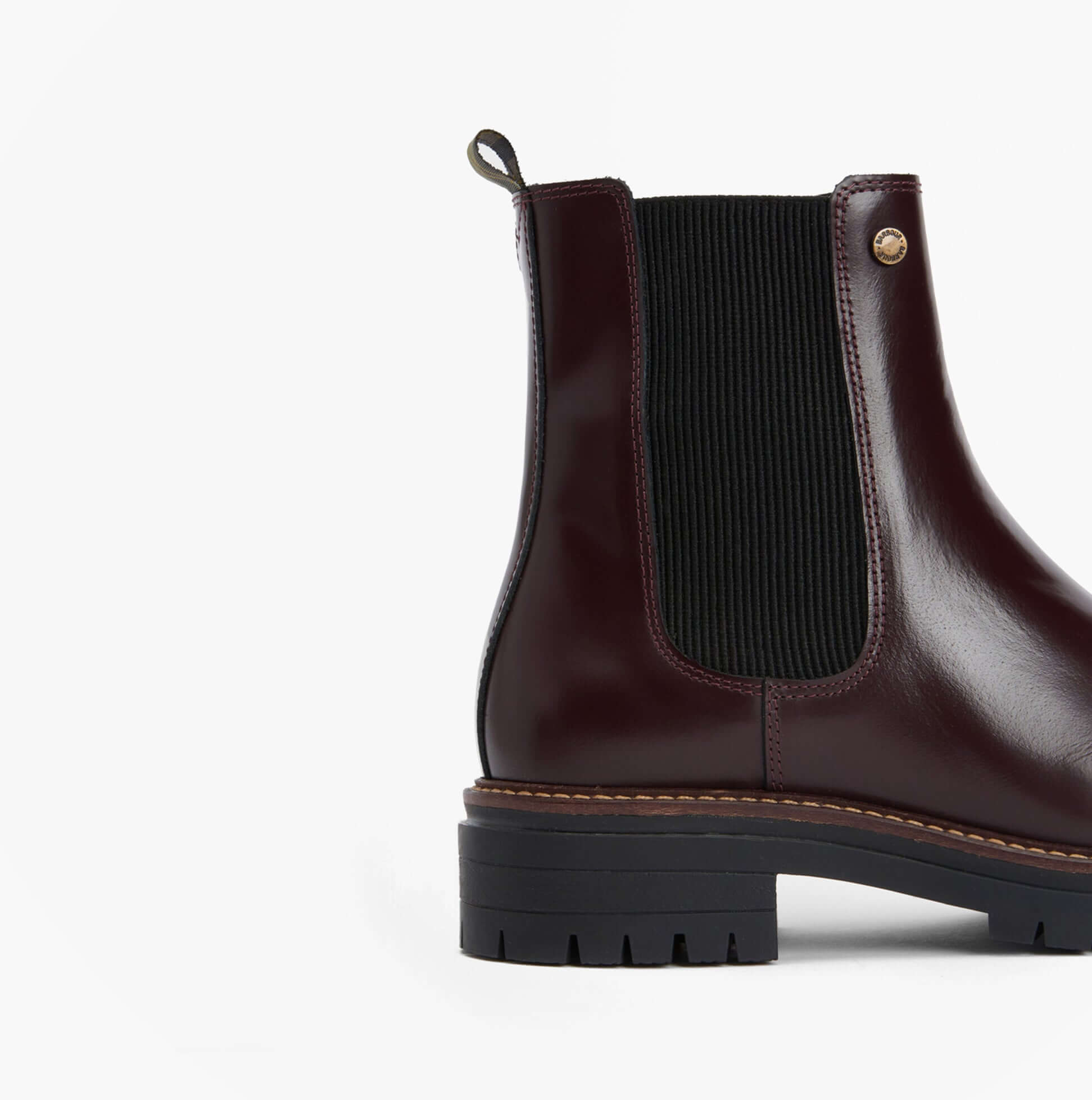 Barbour MARLA Womens Chelsea Boots Cherry Glace side view showing shiny cherry leather and elastic panel.
