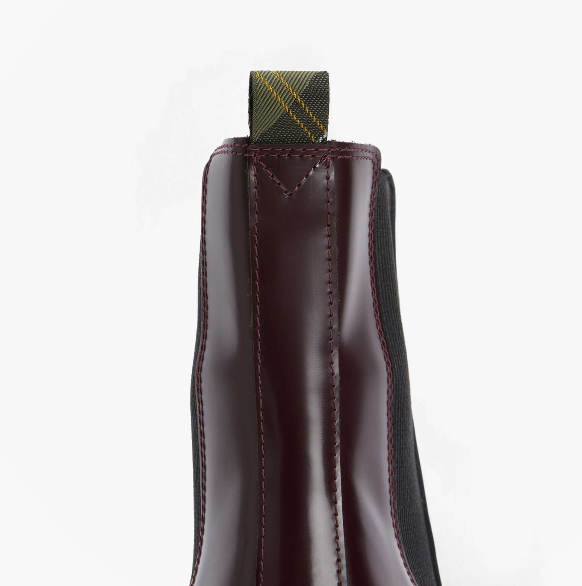Barbour MARLA Womens Chelsea Boots Cherry Glace detail view showing leather upper and pull-on tab.