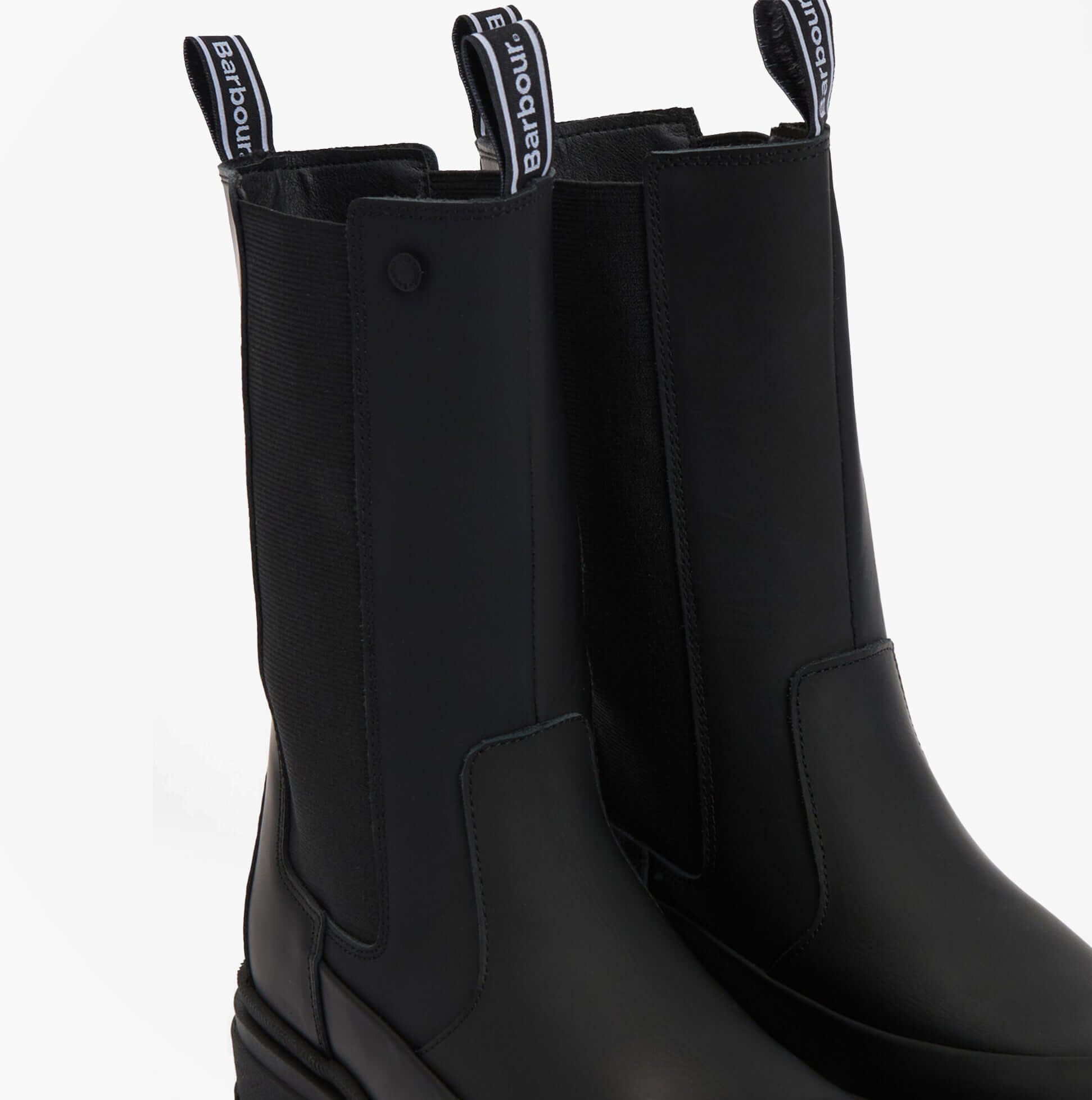 Barbour SIDNEIGH Womens Chelsea Boots Black side view showcasing elasticated panels and black leather finish.