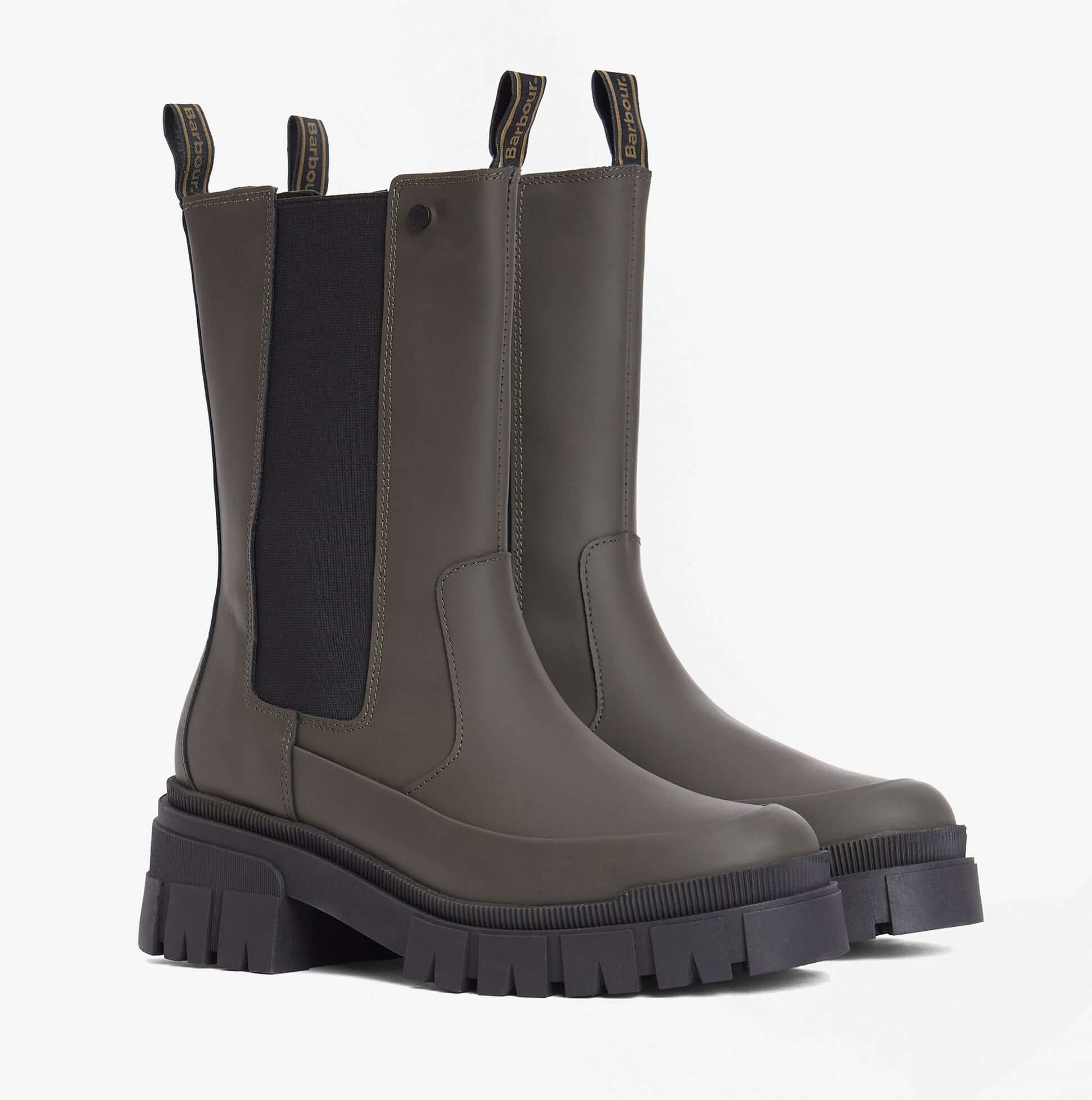Barbour SIDNEIGH Womens Chelsea Boots Olive side view showing elasticated side panel and mid-calf height.