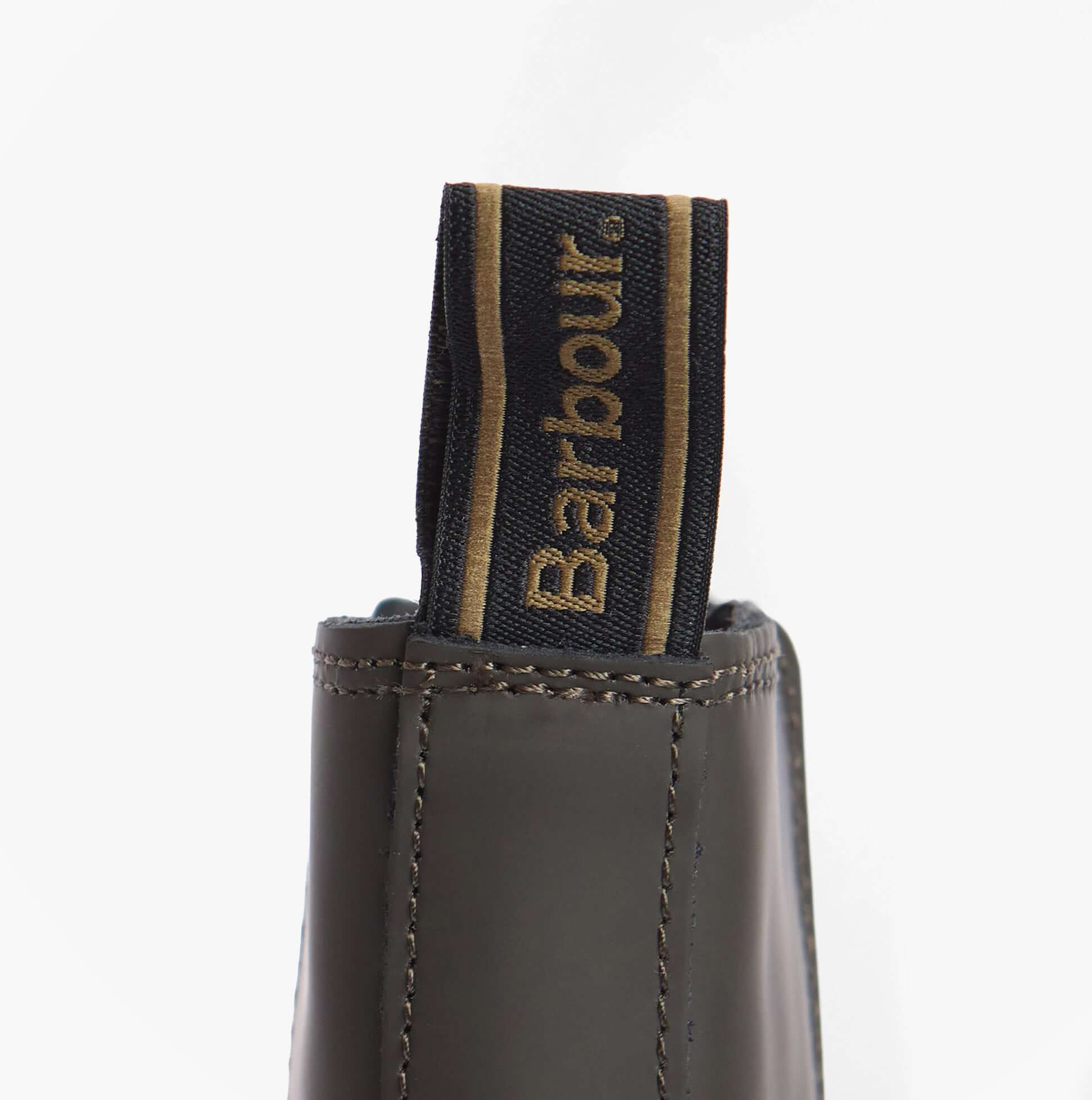 Barbour SIDNEIGH Womens Chelsea Boots Olive detail view of boot tag showing Barbour logo
