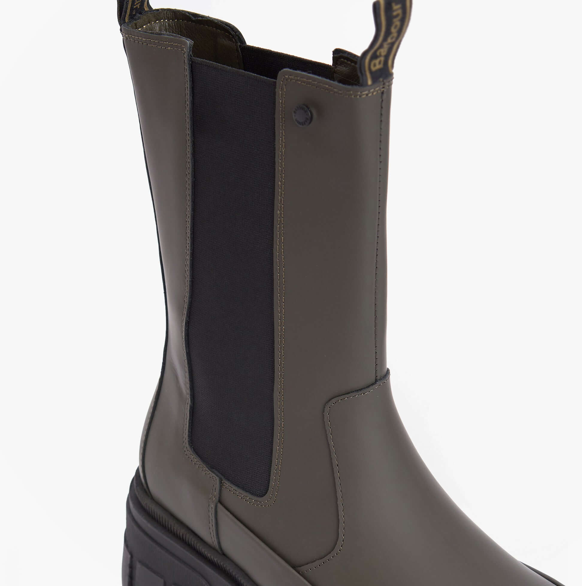 Barbour SIDNEIGH Womens Chelsea Boots Olive side view highlighting the elasticated side panel and mid-calf design.