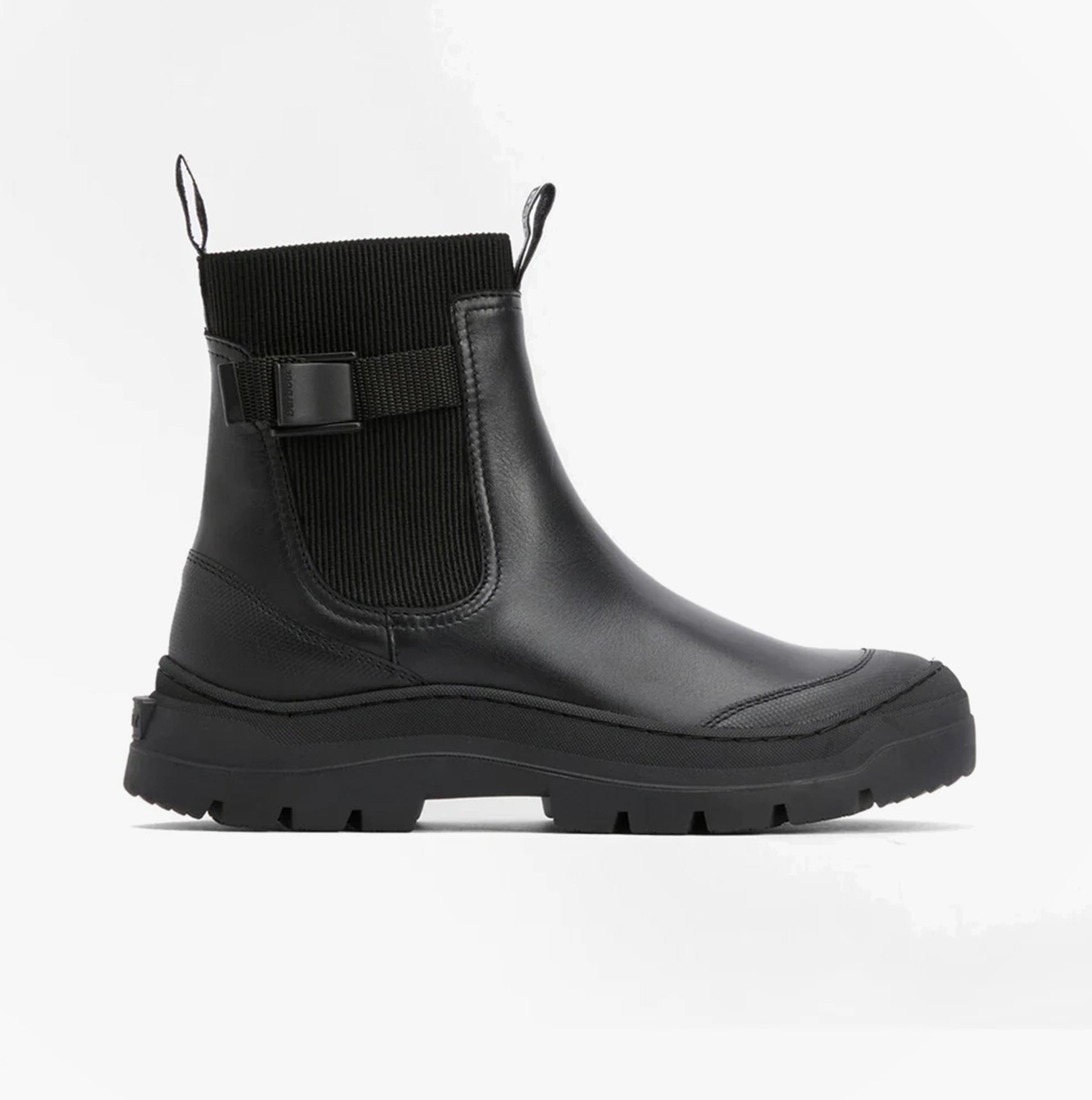 Barbour KLARA Womens Chelsea Boots Black side view showcasing the sleek leather upper and rubber sole.