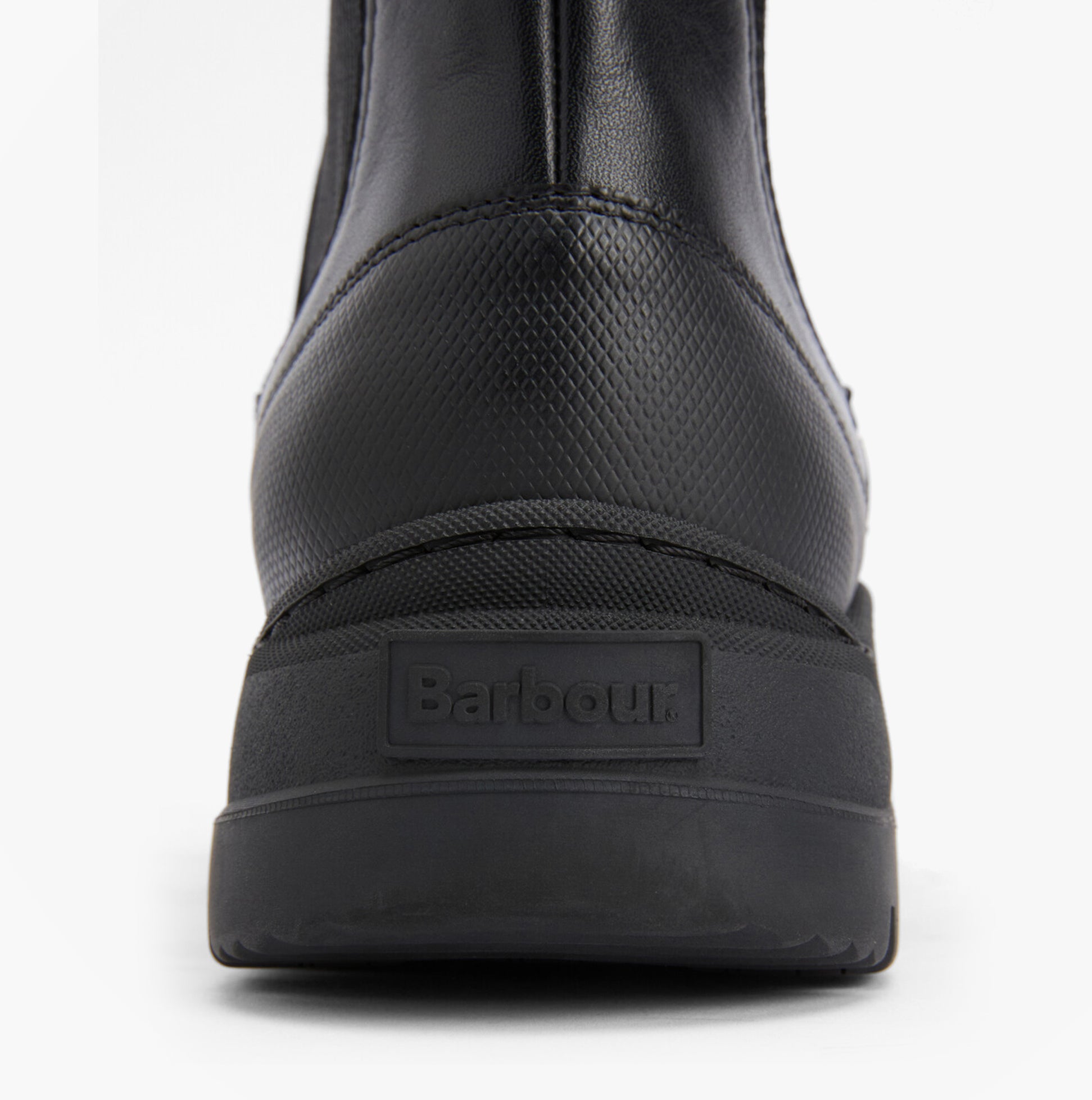 Barbour KLARA Womens Chelsea Boots Black detail view of the heel showing the logo and textured material