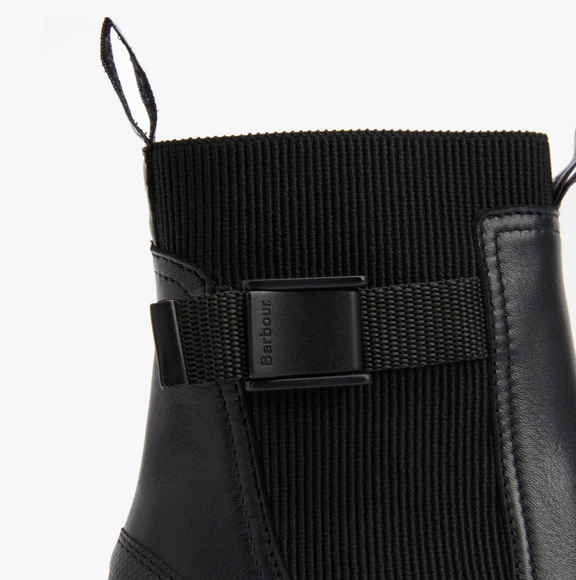 Detail view of Barbour KLARA Womens Chelsea Boots Black focusing on the ankle area and fastening.
