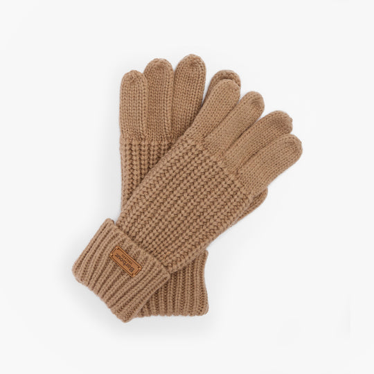 Barbour SALTBURN KNITTED Womens Gloves Mink flat lay view of gloves showing textured knit design and brand label.