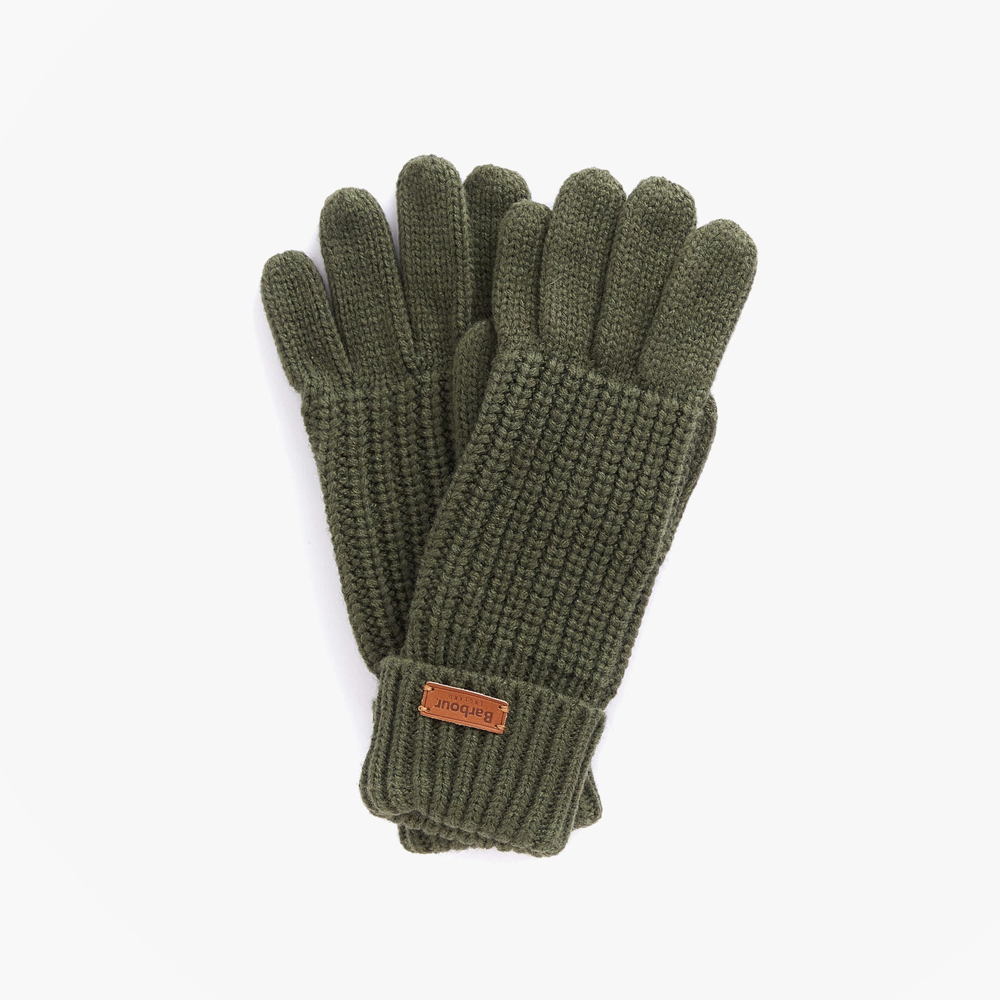 Barbour SALTBURN KNITTED Womens Gloves Olive front view showing knitted texture and logo detail.