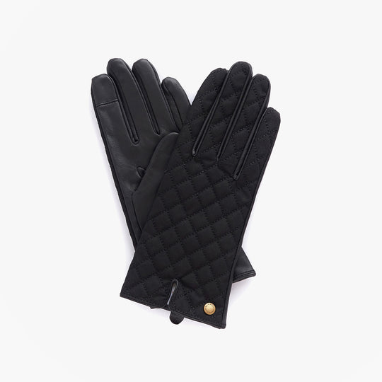 Barbour SCARLET Womens Touchscreen Gloves Black, top view showing elegant quilted design and leather finish.