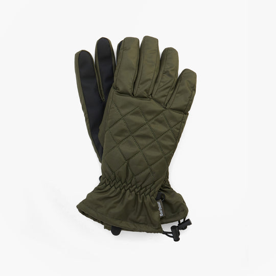 Barbour JONI WATERPROOF Womens Touchscreen Gloves Forest side view showing quilted design and black touchscreen fingertips.