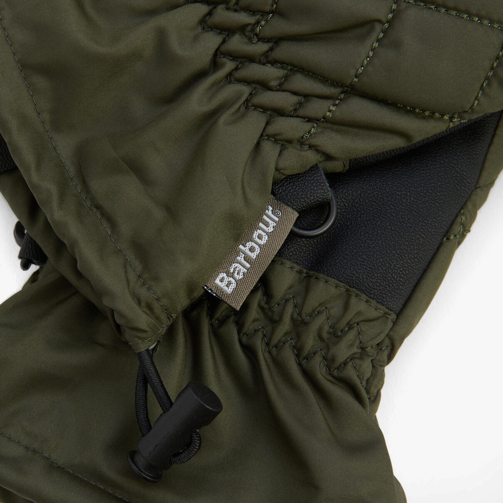 Barbour JONI WATERPROOF Womens Touchscreen Gloves Forest detail view with woven side flag label and adjustable cuff.