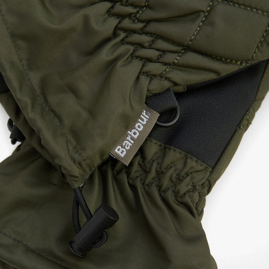 Barbour JONI WATERPROOF Womens Touchscreen Gloves Forest detail view with woven side flag label and adjustable cuff.