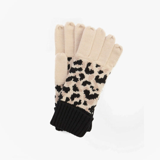 Barbour HARLEY LEOPARD Womens Gloves Jasmine Leopard, top view showing leopard print design and black cuff.