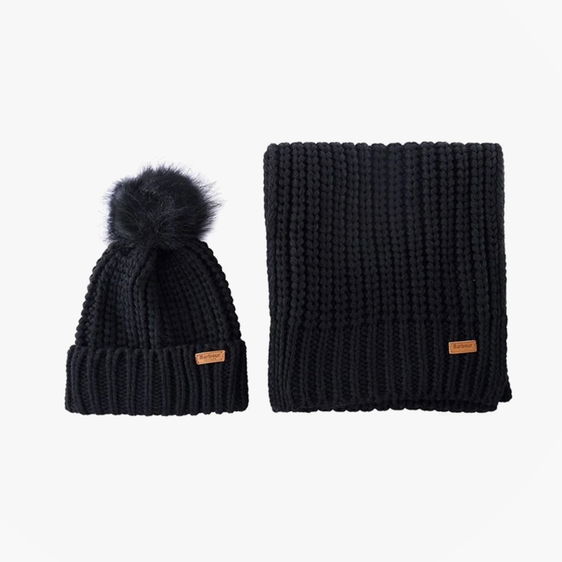 Barbour SALTBURN BEANIE & SCARF Womens Gift Set Black, side view showing matching pom beanie and scarf.