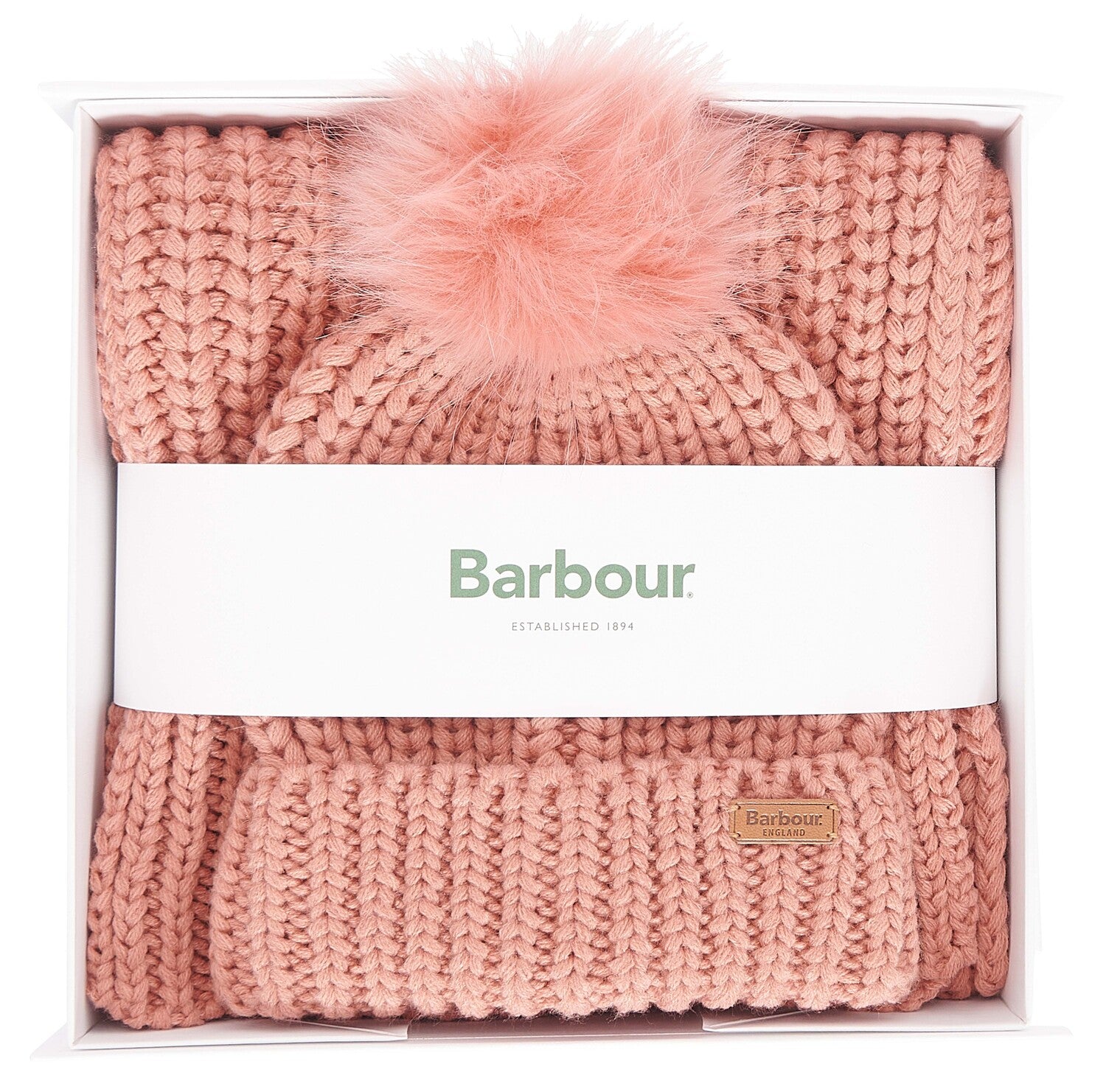 Barbour SALTBURN BEANIE & SCARF Gift Set Womens Pink Rust, front view in gift box, featuring a pink ribbed knit beanie and scarf.