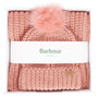 Barbour SALTBURN BEANIE & SCARF Gift Set Womens Pink Rust, front view in gift box, featuring a pink ribbed knit beanie and scarf.