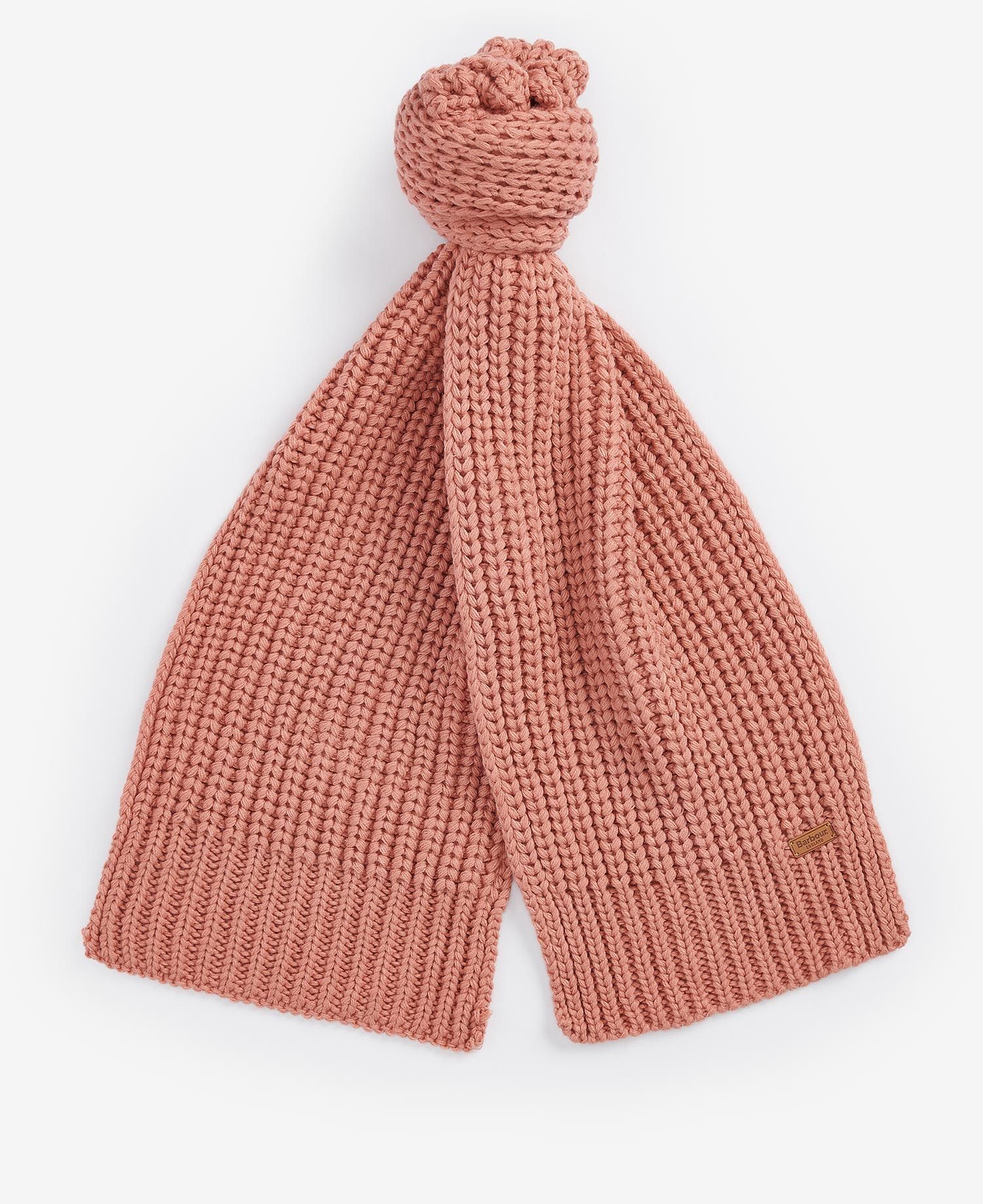 Barbour SALTBURN BEANIE & SCARF Gift Set Womens Pink Rust side view of scarf showing ribbed knit fabric