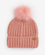 Barbour SALTBURN BEANIE & SCARF Gift Set Womens Pink Rust front view of pink knitted beanie with pom pom.