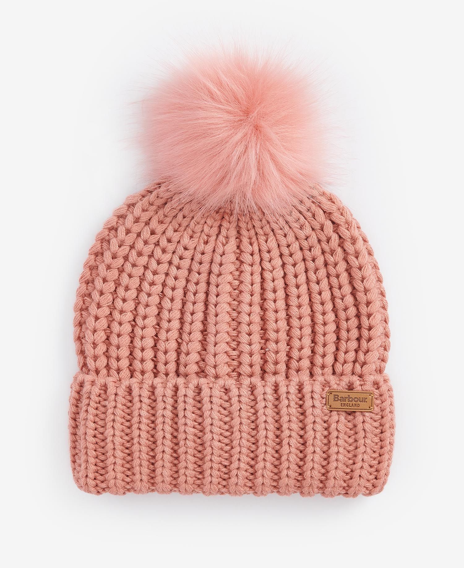 Barbour SALTBURN BEANIE & SCARF Gift Set Womens Pink Rust front view of pink knitted beanie with pom pom.