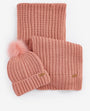 Barbour SALTBURN BEANIE & SCARF Gift Set Womens Pink Rust front view showing beanie and scarf in ribbed knit fabric.