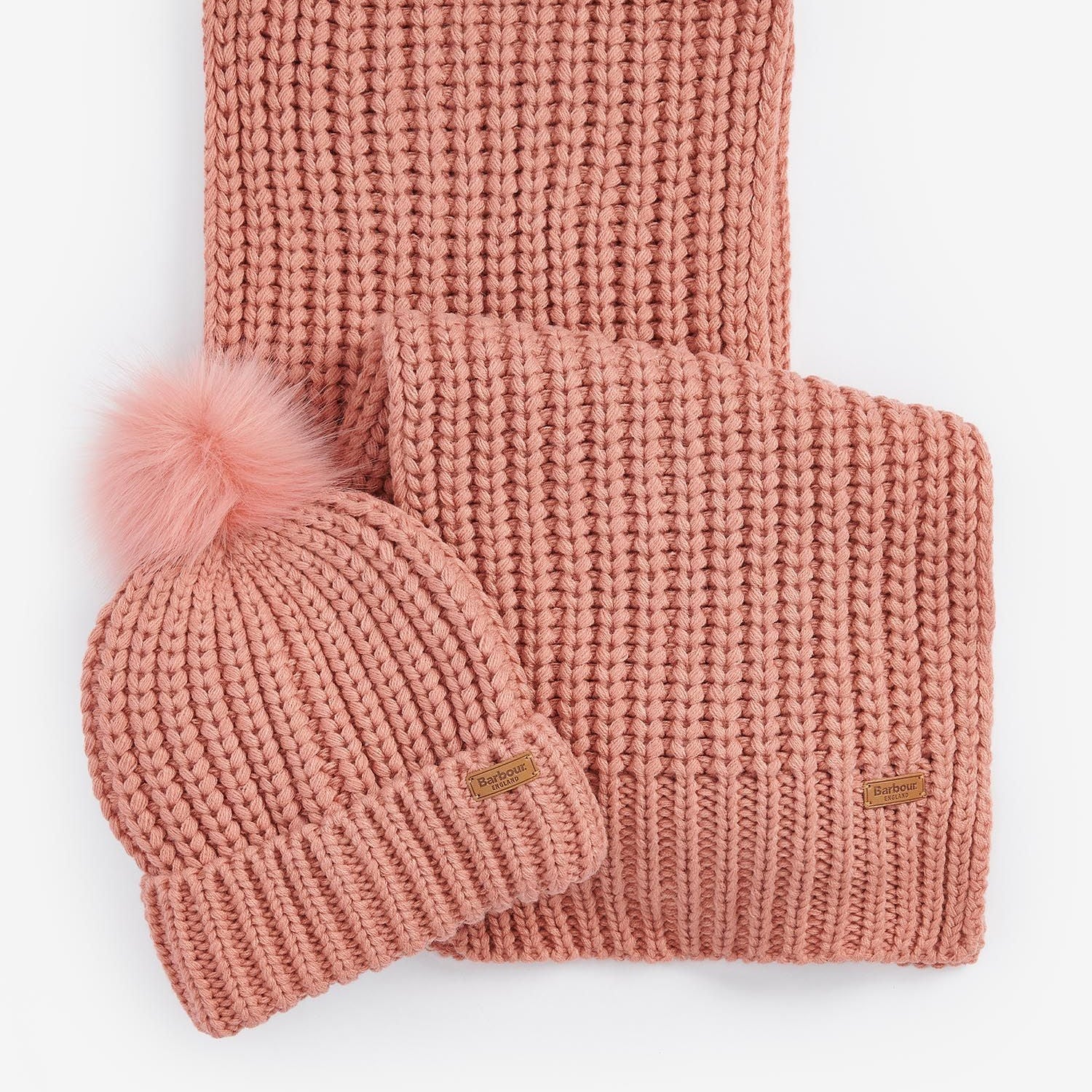 Barbour SALTBURN BEANIE & SCARF Gift Set Womens Pink Rust front view showing beanie and scarf in ribbed knit fabric.