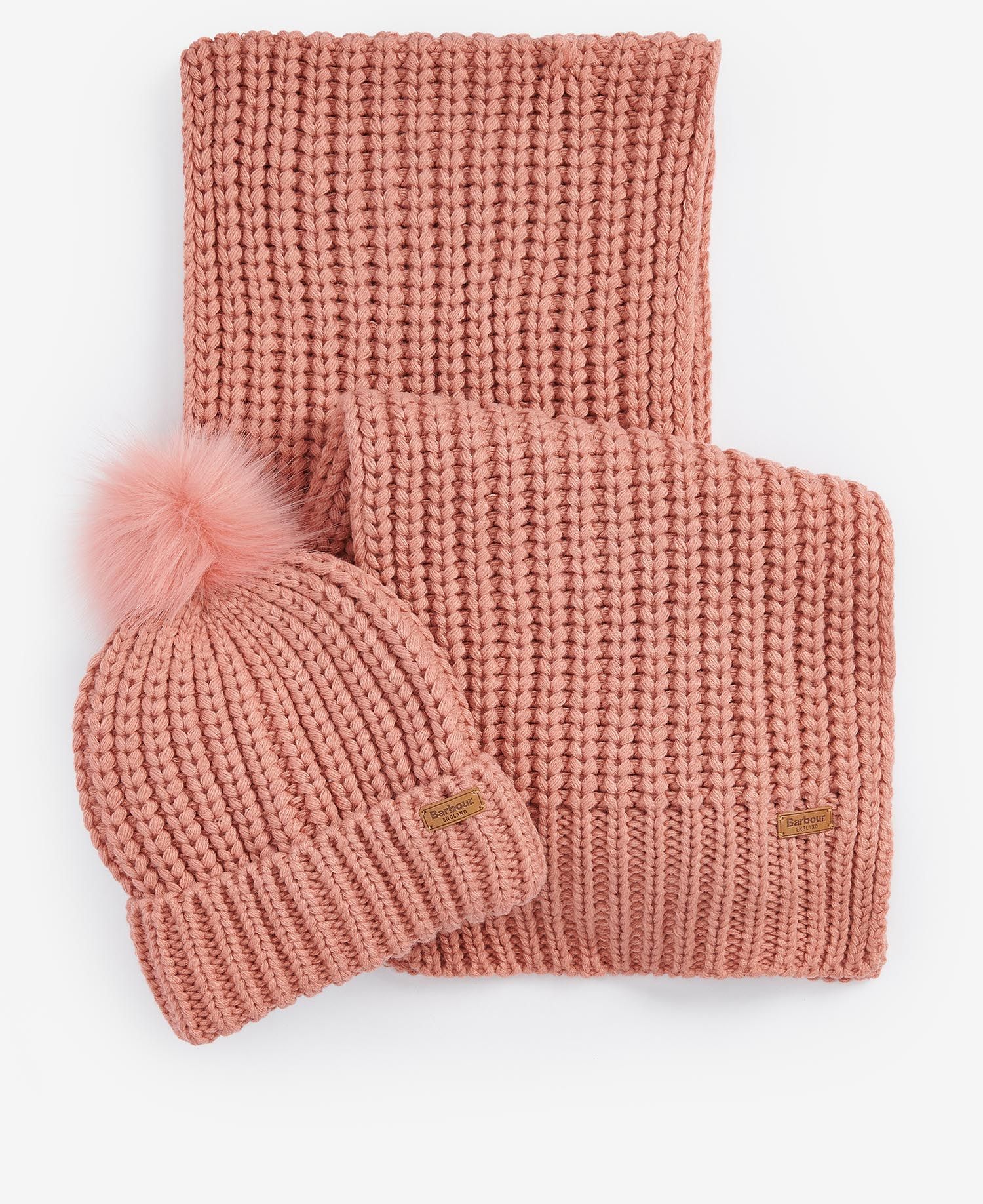 Barbour SALTBURN BEANIE & SCARF Gift Set Womens Pink Rust front view showing beanie and scarf in ribbed knit fabric.
