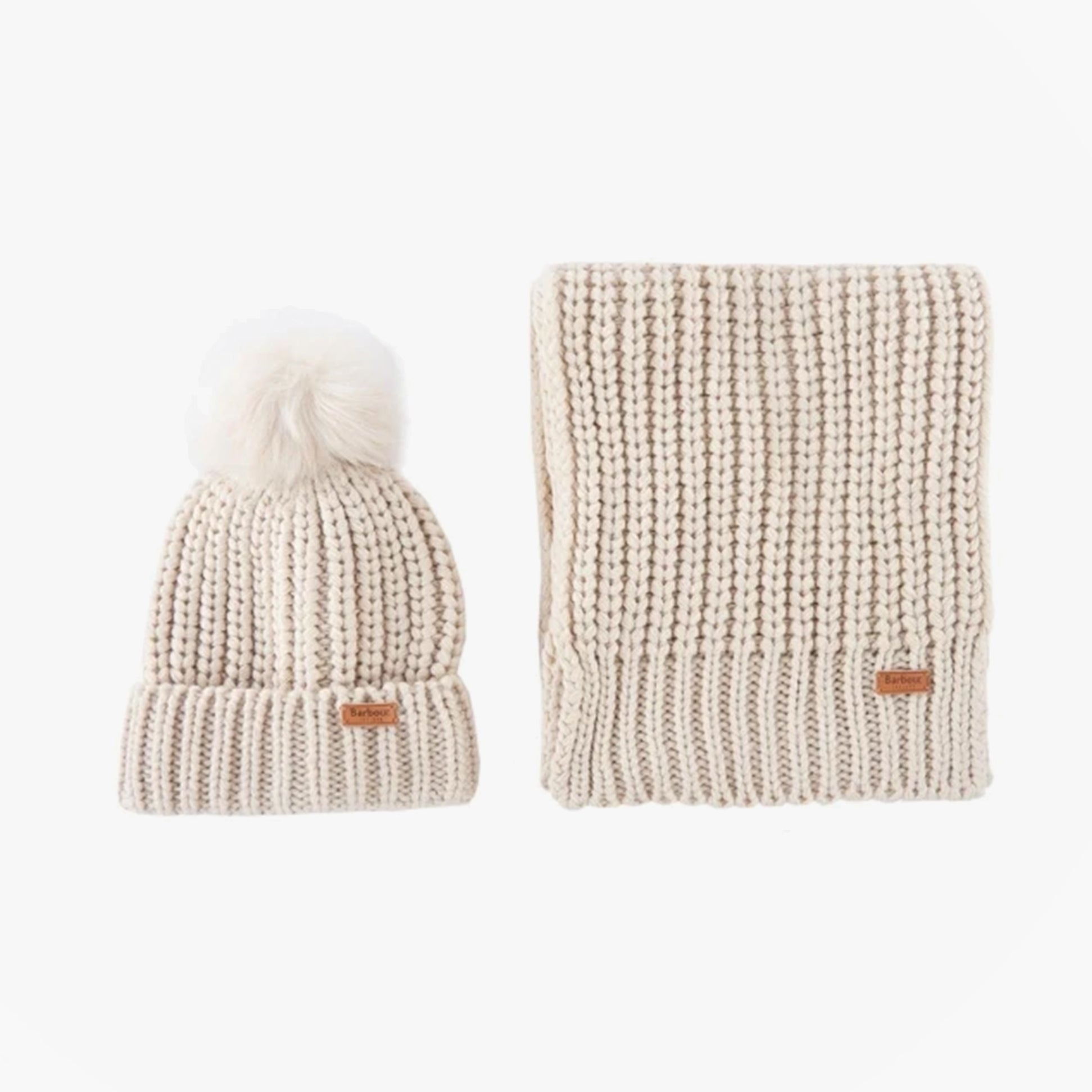 Barbour SALTBURN BEANIE & SCARF Womens Gift Set Pearl side view of beanie with faux fur pom and matching scarf.