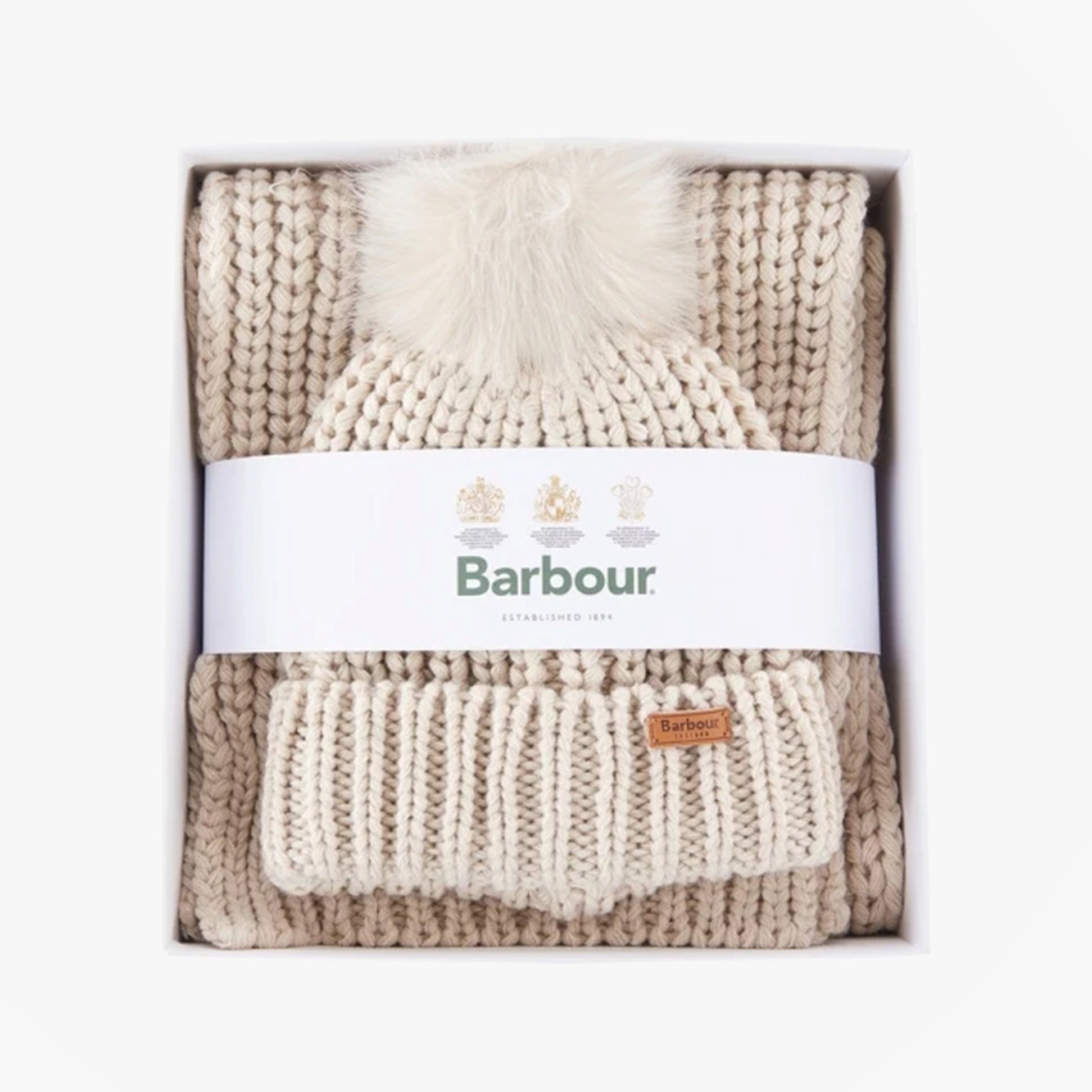 Barbour SALTBURN BEANIE & SCARF Womens Gift Set Pearl boxed view showing pom hat and knit scarf