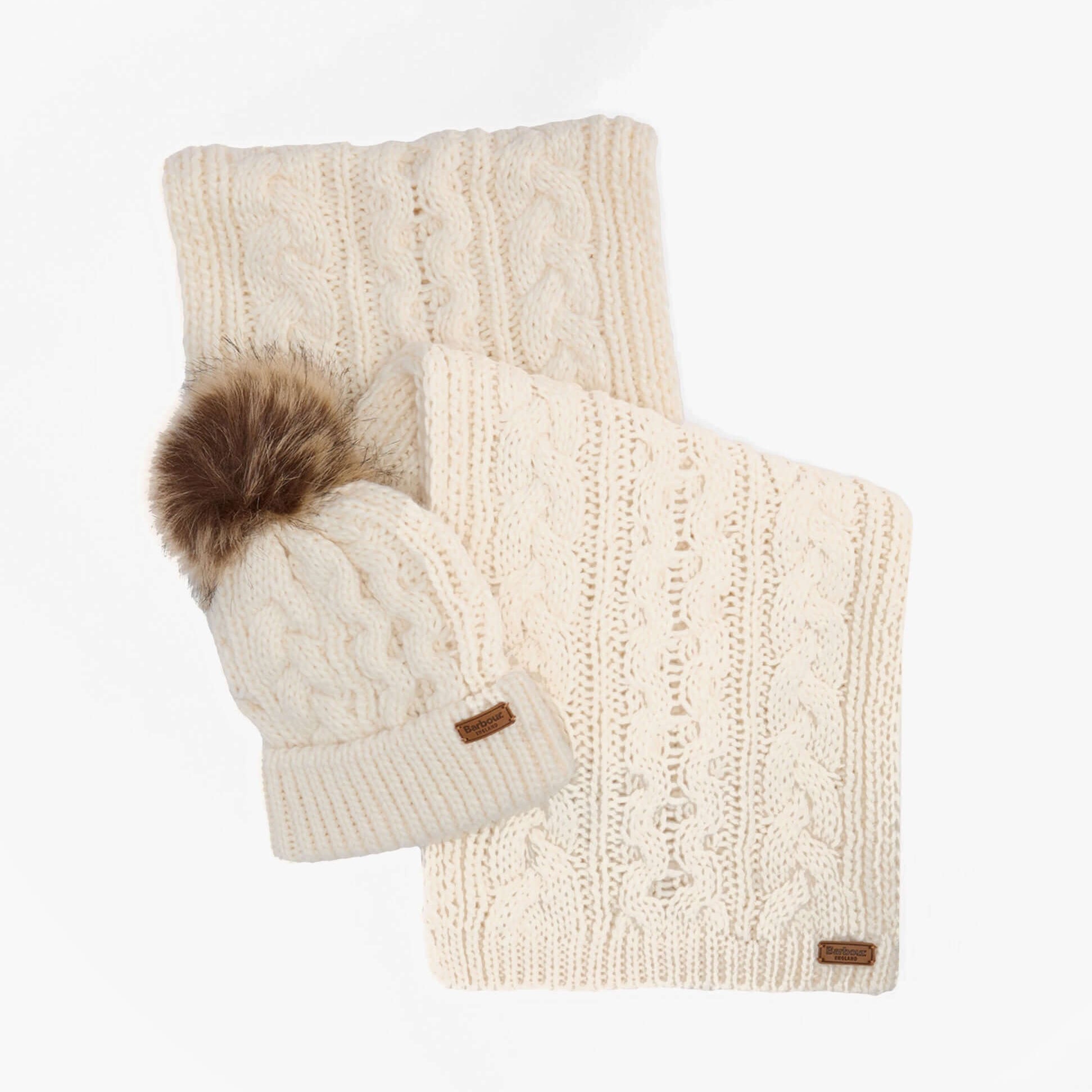 Barbour PENSHAW BEANIE & SCARF Gift Set Womens Cloud, front view, showcasing cream cable knit beanie and matching scarf.