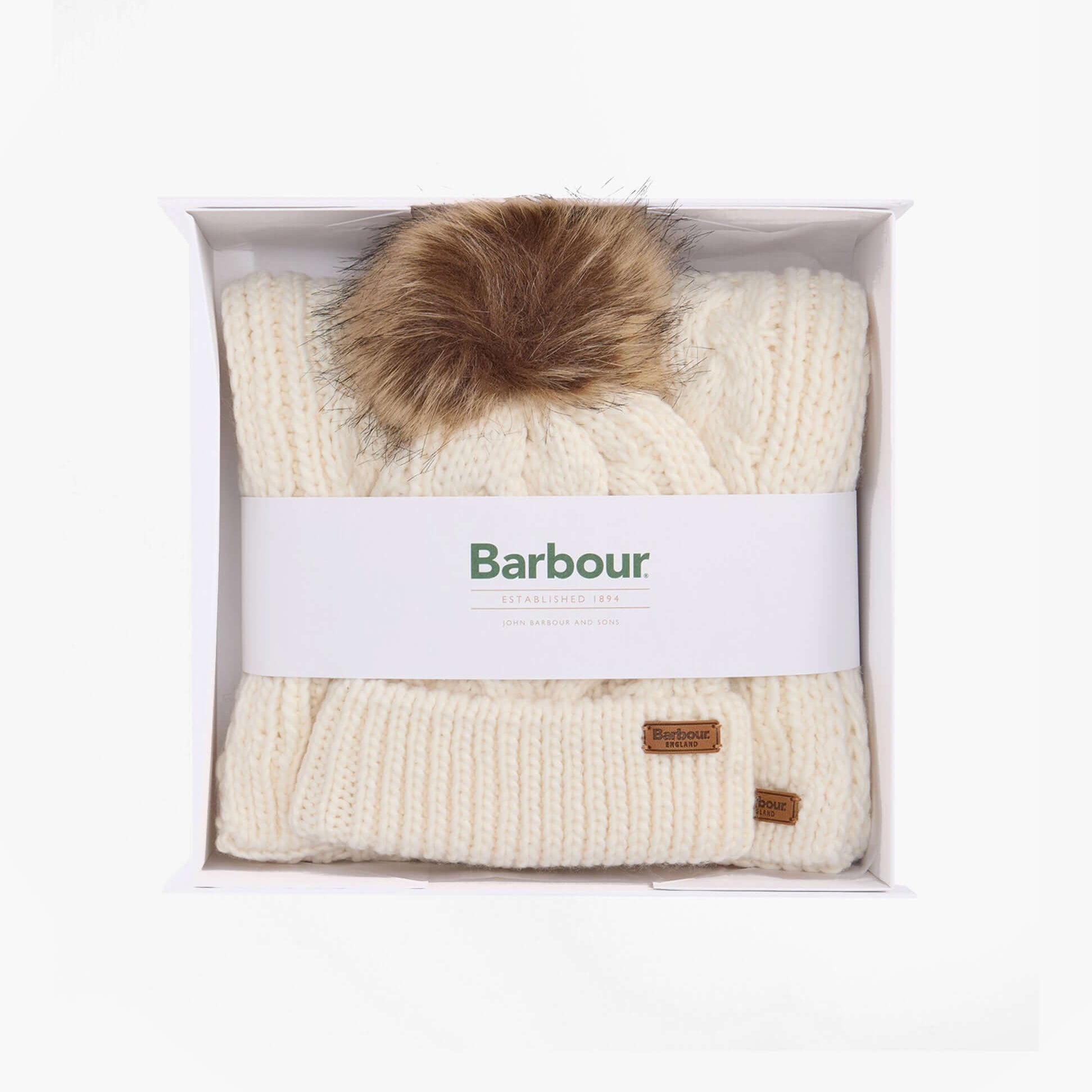 Barbour PENSHAW BEANIE & SCARF Gift Set Womens Cloud, front view in gift box with pom pom detail.