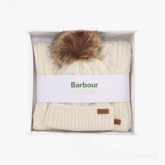 Barbour PENSHAW BEANIE & SCARF Gift Set Womens Cloud, front view in gift box with pom pom detail.