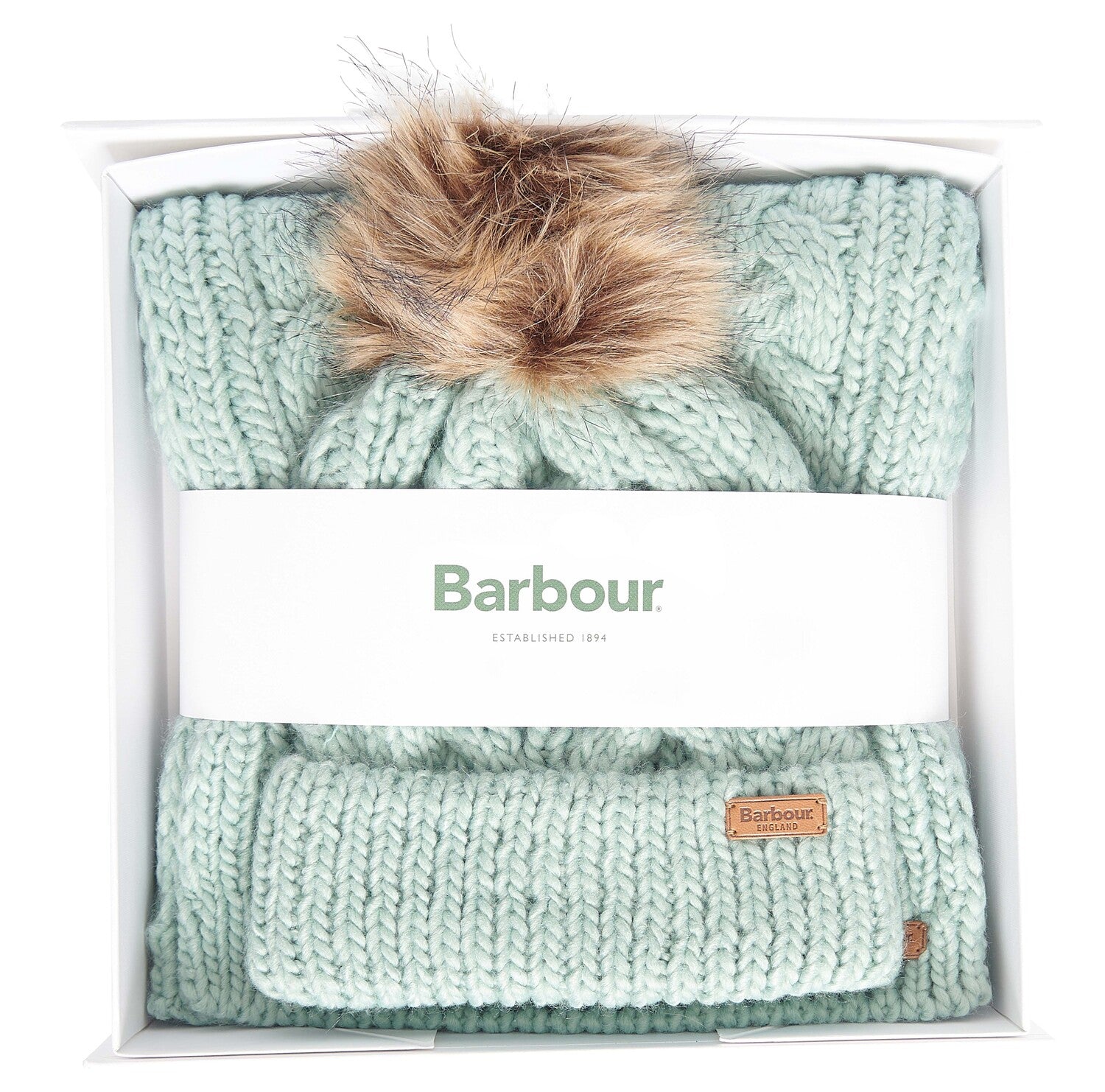 Barbour PENSHAW BEANIE & SCARF Gift Set Womens Soft Mint, front view in gift box, featuring soft cable knit design.