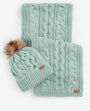Barbour PENSHAW BEANIE & SCARF Gift Set Womens Soft Mint displayed in a flat lay view with a cable knit design.