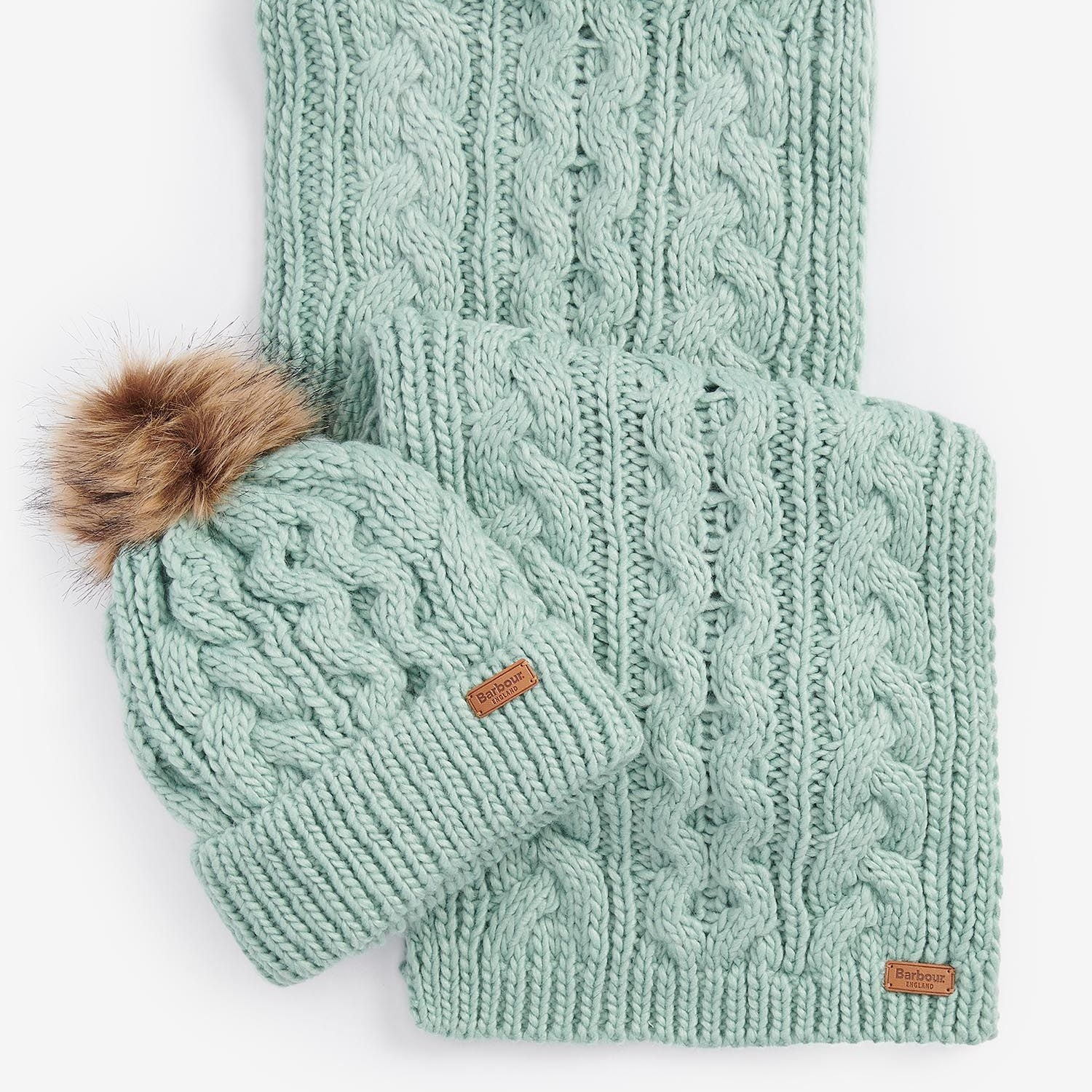 Barbour PENSHAW BEANIE & SCARF Gift Set Womens Soft Mint displayed in a flat lay view with a cable knit design.
