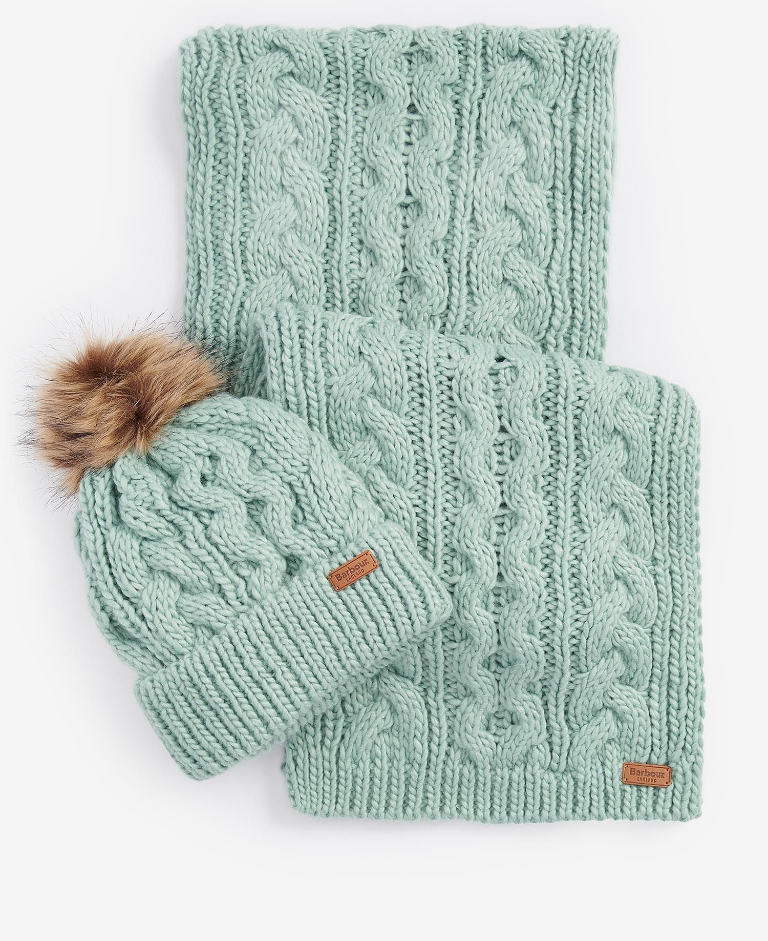 Barbour PENSHAW BEANIE & SCARF Gift Set Womens Soft Mint displayed in a flat lay view with a cable knit design.