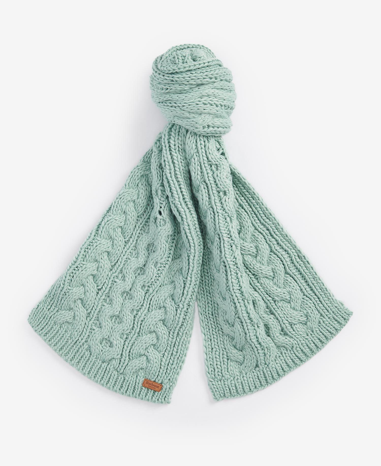 Barbour PENSHAW BEANIE & SCARF Gift Set Womens Soft Mint - Detail view of soft mint cable knit scarf.