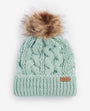 Barbour PENSHAW BEANIE & SCARF Gift Set Womens Soft Mint, top view of soft mint cable knit beanie with fur pom pom.