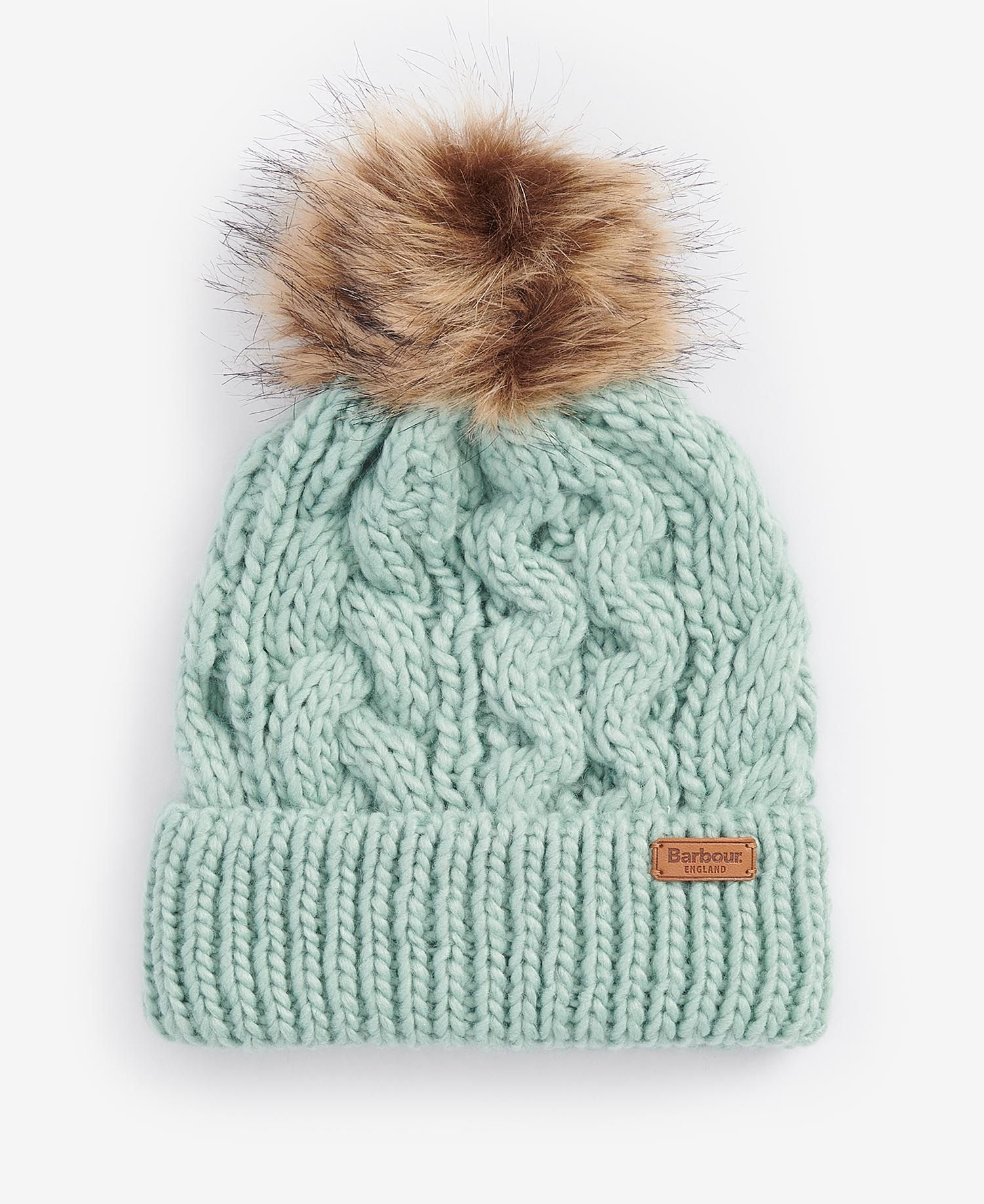 Barbour PENSHAW BEANIE & SCARF Gift Set Womens Soft Mint, top view of soft mint cable knit beanie with fur pom pom.