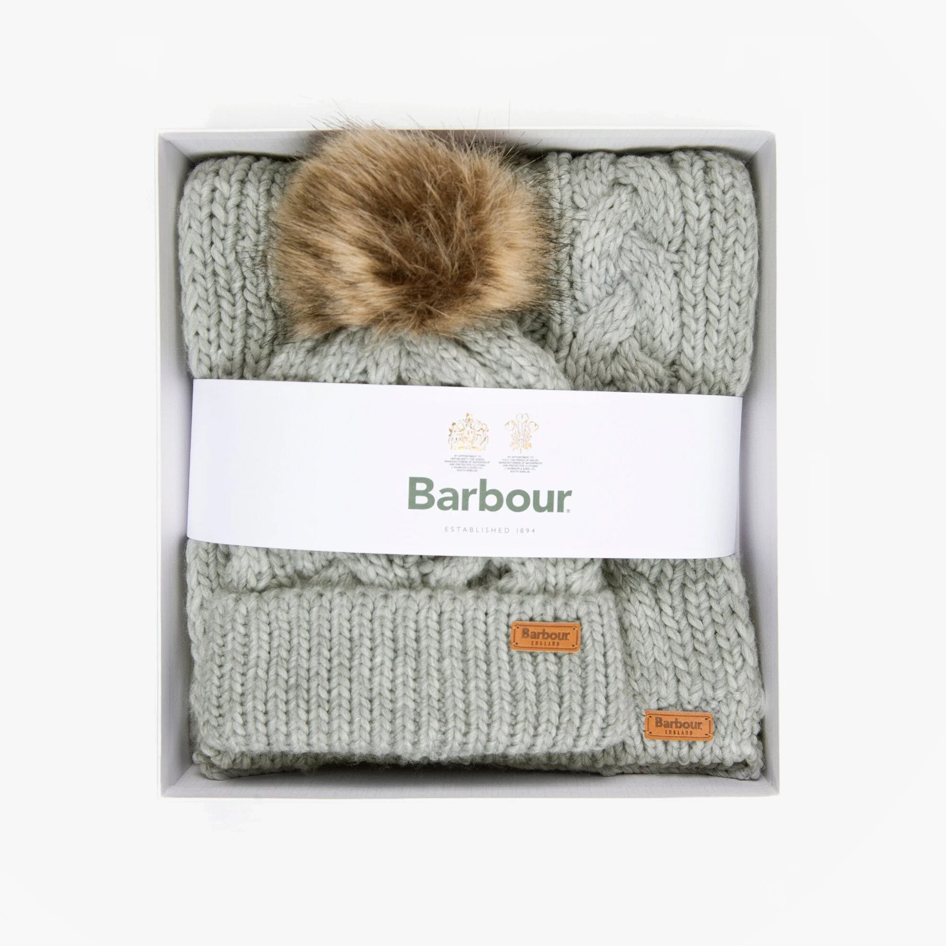 Barbour PENSHAW BEANIE & SCARF Womens Gift Set Grey displayed in gift box, featuring chunky knit beanie and scarf.