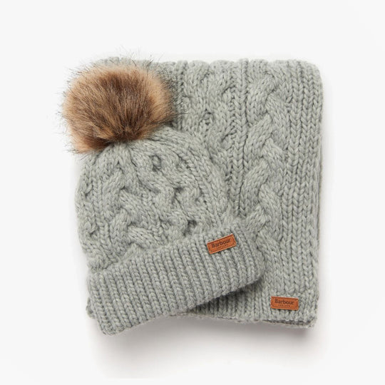 Barbour PENSHAW BEANIE & SCARF Womens Gift Set Grey, top view of knitted hat and scarf with pom pom detail.