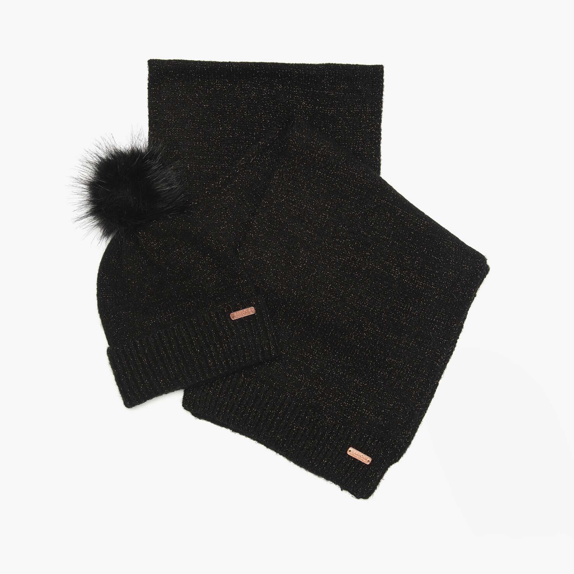 Barbour SPARKLE BEANIE & SCARF Womens Gift Set Black front view with black beanie featuring pom and matching black scarf.