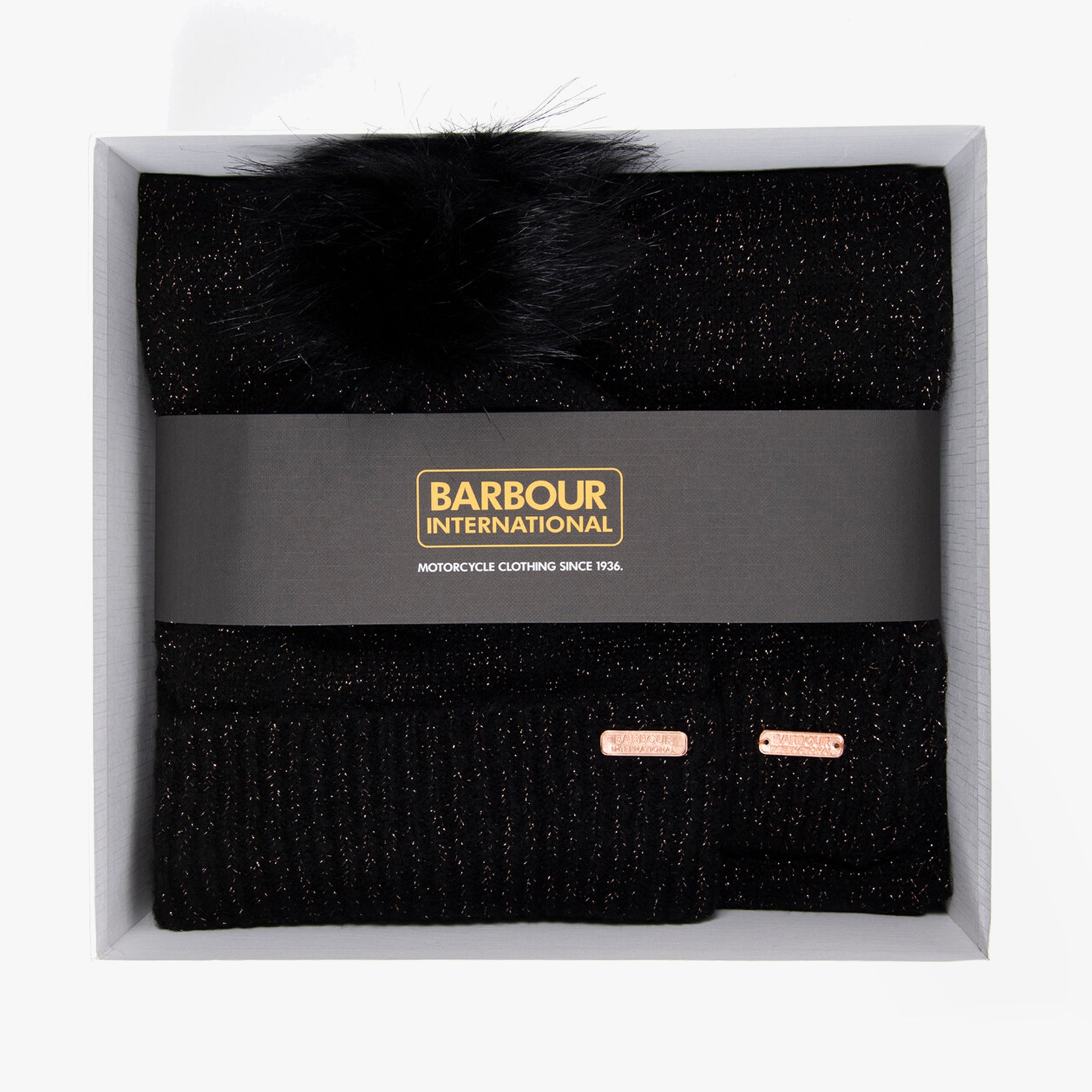 Barbour SPARKLE BEANIE & SCARF Womens Gift Set Black in gift box, featuring a beanie with pom pom and scarf with logo.