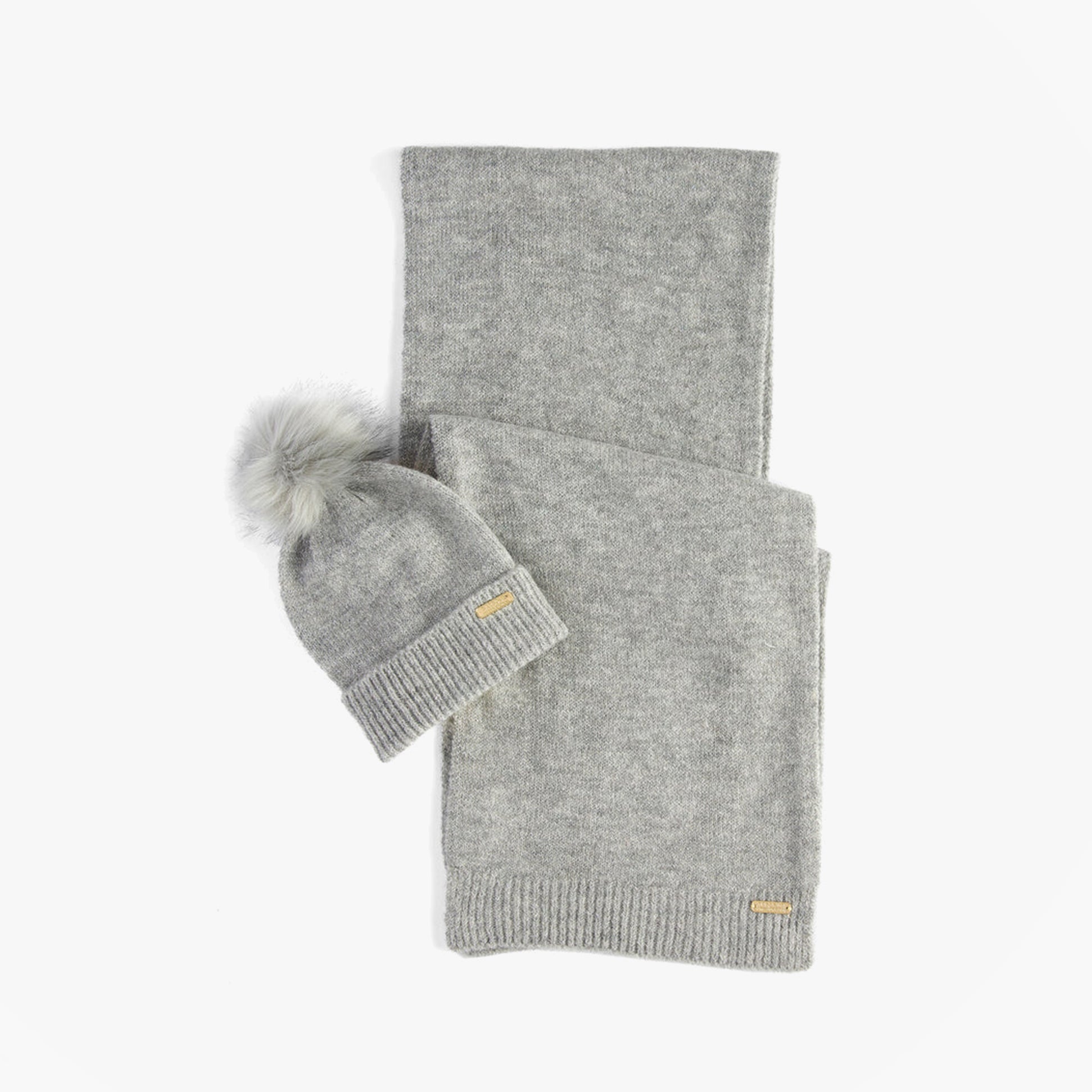 Barbour SPARKLE BEANIE & SCARF Womens Gift Set Grey Marl, front view, showcasing beanie with pom-pom and scarf.