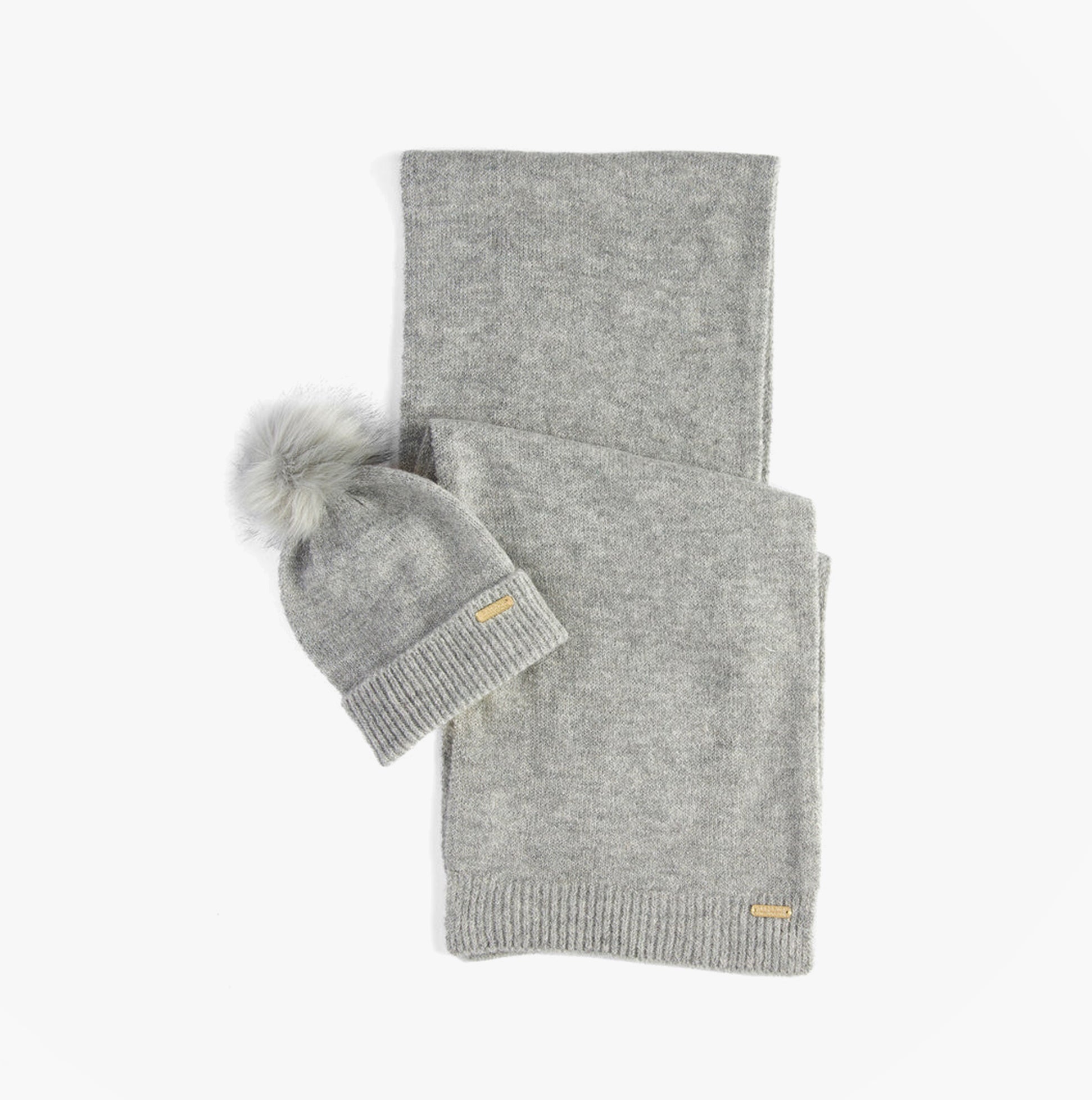 Barbour SPARKLE BEANIE & SCARF Womens Gift Set Grey Marl, front view, showcasing beanie with pom-pom and scarf.
