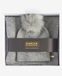 Barbour SPARKLE BEANIE & SCARF Womens Gift Set Grey Marl in gift box, featuring a beanie with pom-pom and scarf.