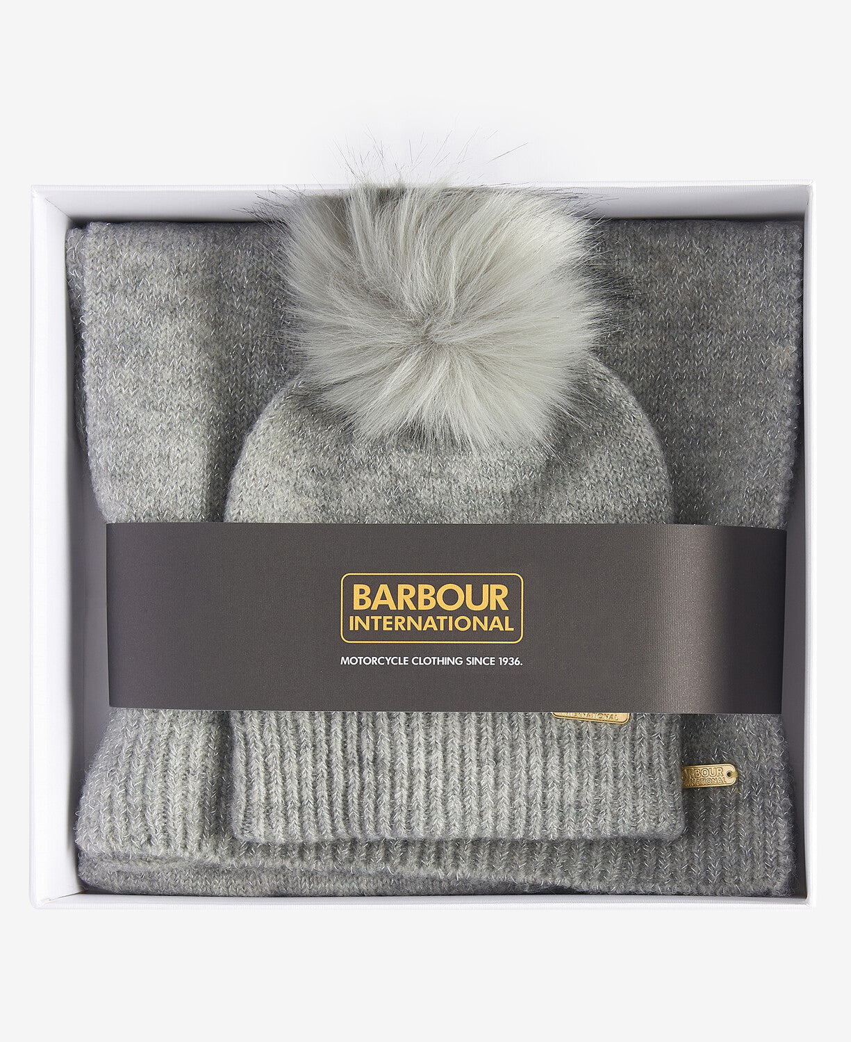 Barbour SPARKLE BEANIE & SCARF Womens Gift Set Grey Marl in gift box, featuring a beanie with pom-pom and scarf.