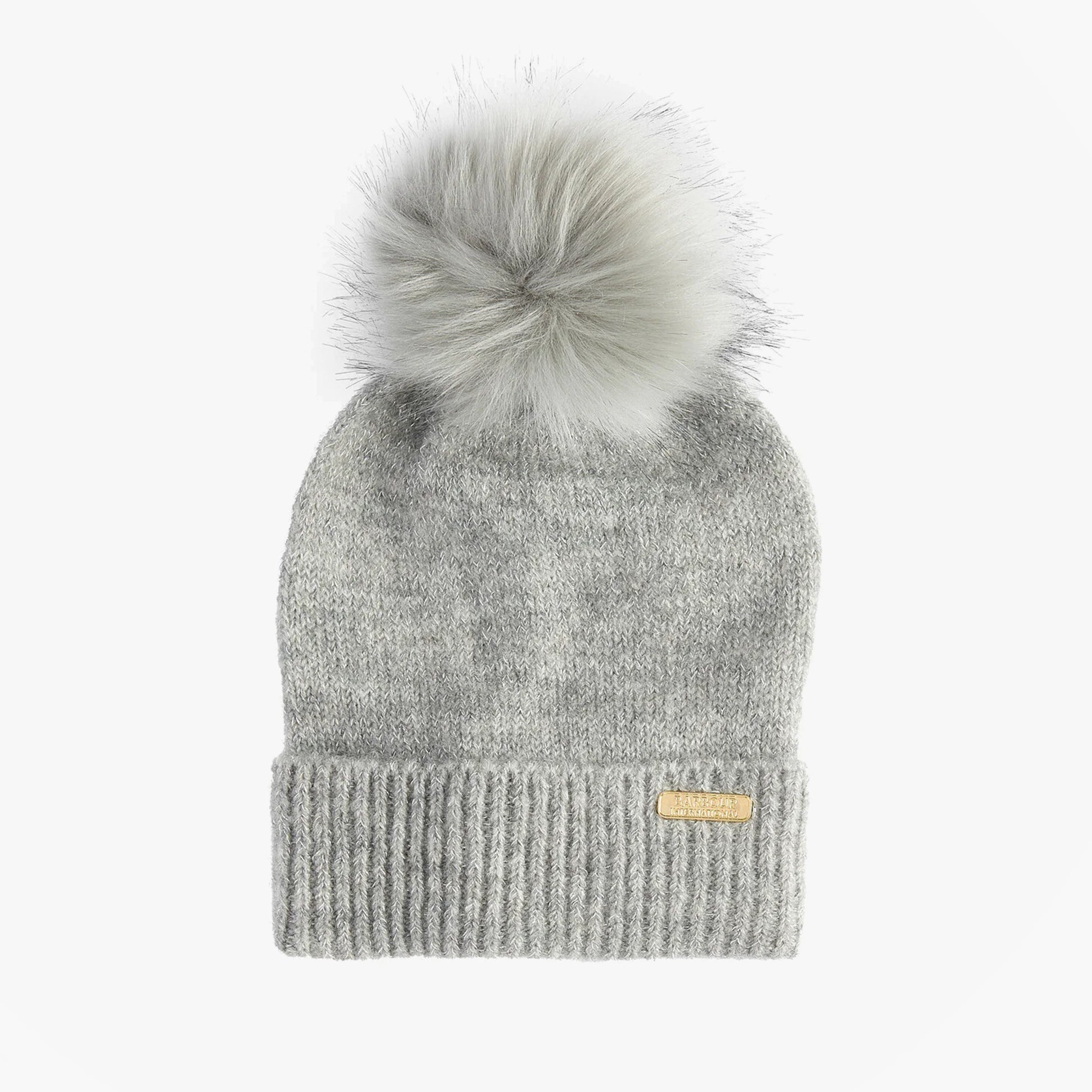 Barbour SPARKLE BEANIE & SCARF Womens Gift Set Grey Marl front view of beanie with pom-pom detail in grey.