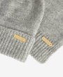 Barbour SPARKLE BEANIE & SCARF Womens Gift Set Grey Marl detail view showcasing gold labels on soft grey fabric.