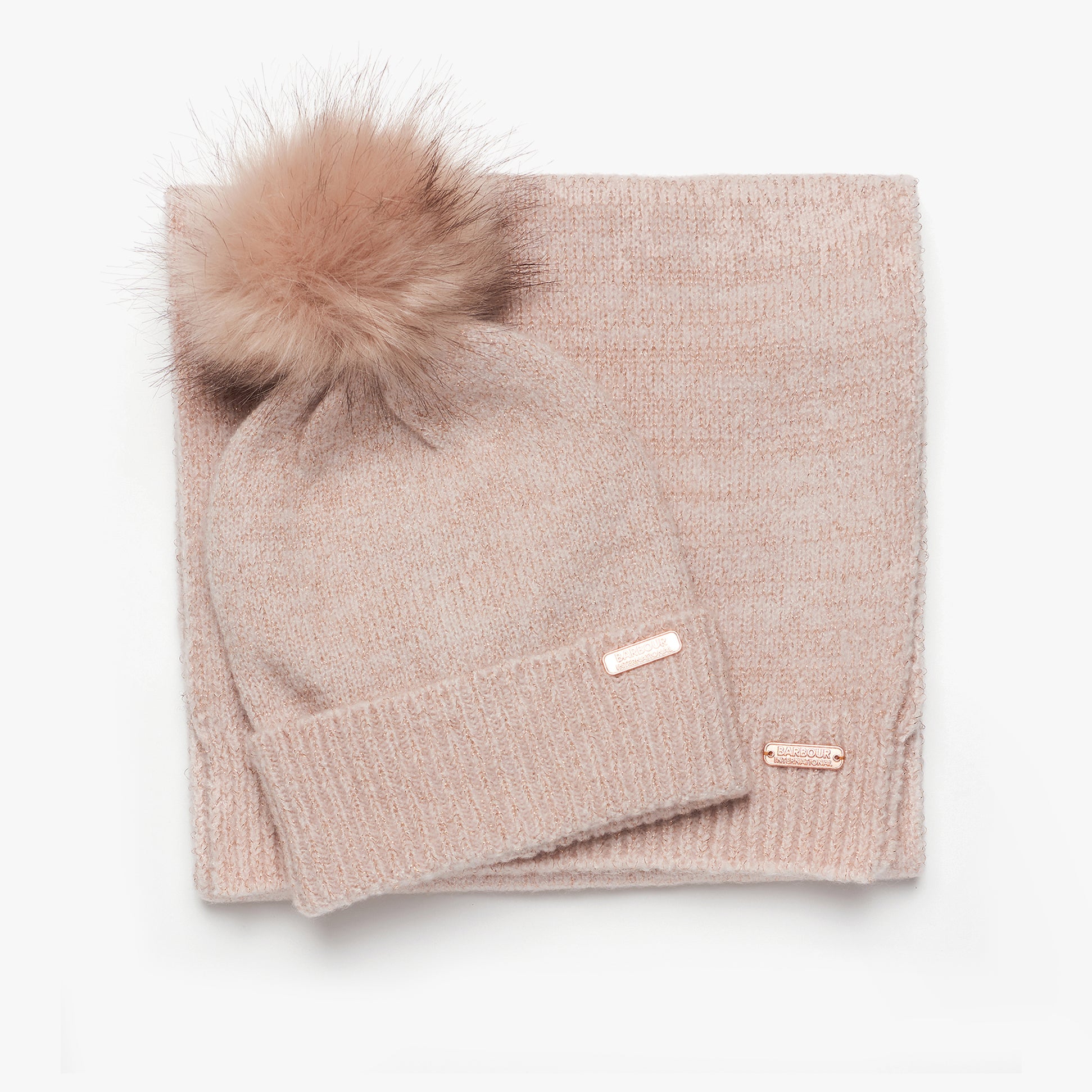 Barbour SPARKLE BEANIE & SCARF Womens Gift Set Pink top view of beanie with pom-pom and scarf laid flat.