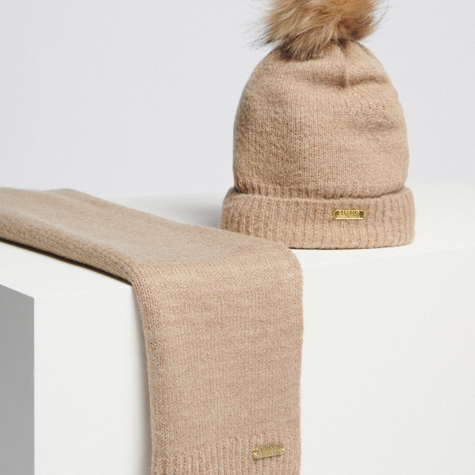 Barbour SPARKLE BEANIE & SCARF Womens Gift Set Oat, front view showcasing the beanie and scarf in a light oat color.